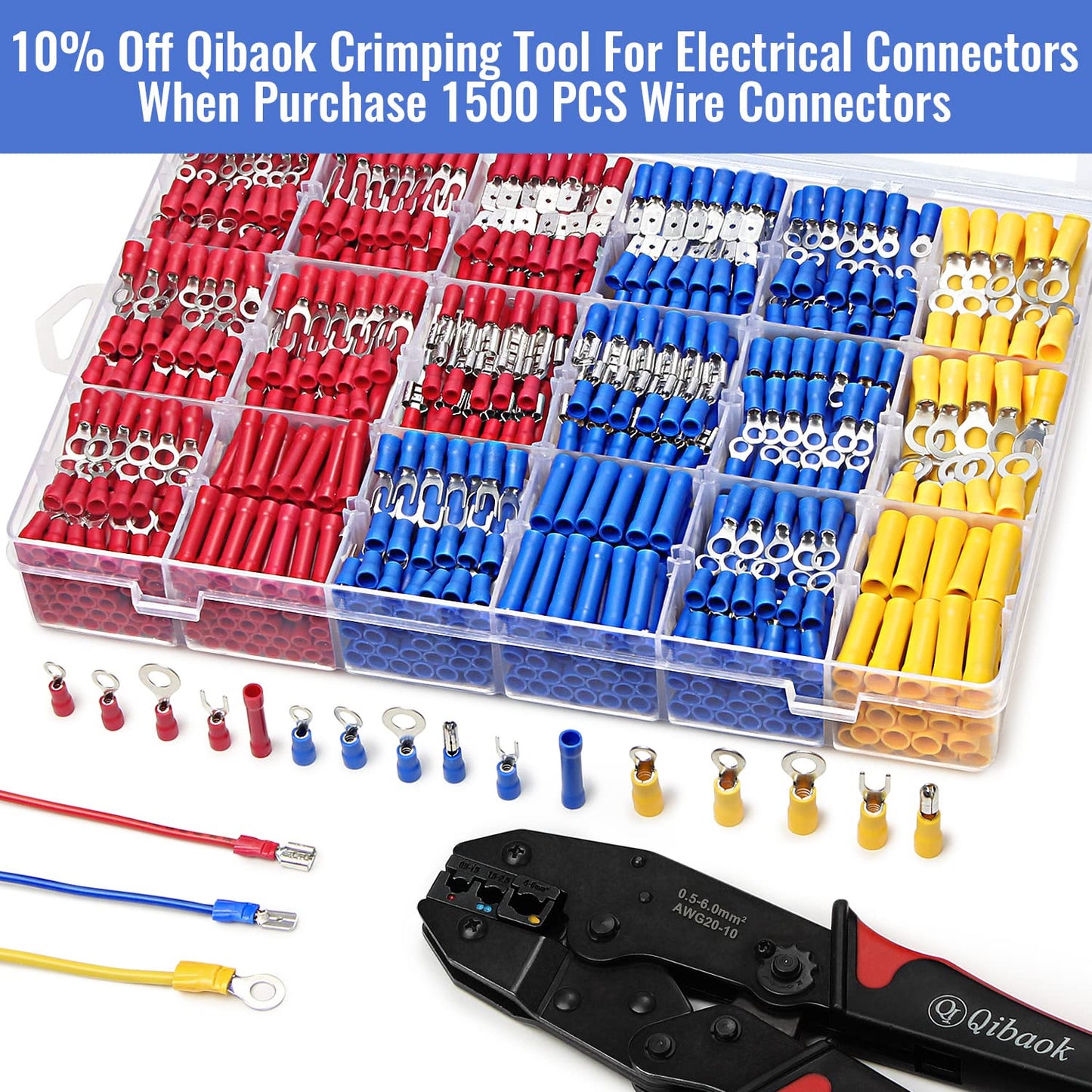 Qibaok 1500pcs Wire Connectors Insulated Electrical Wire Terminals Wire Crimp Connector Ring Fork Spade Butt Connector Kit