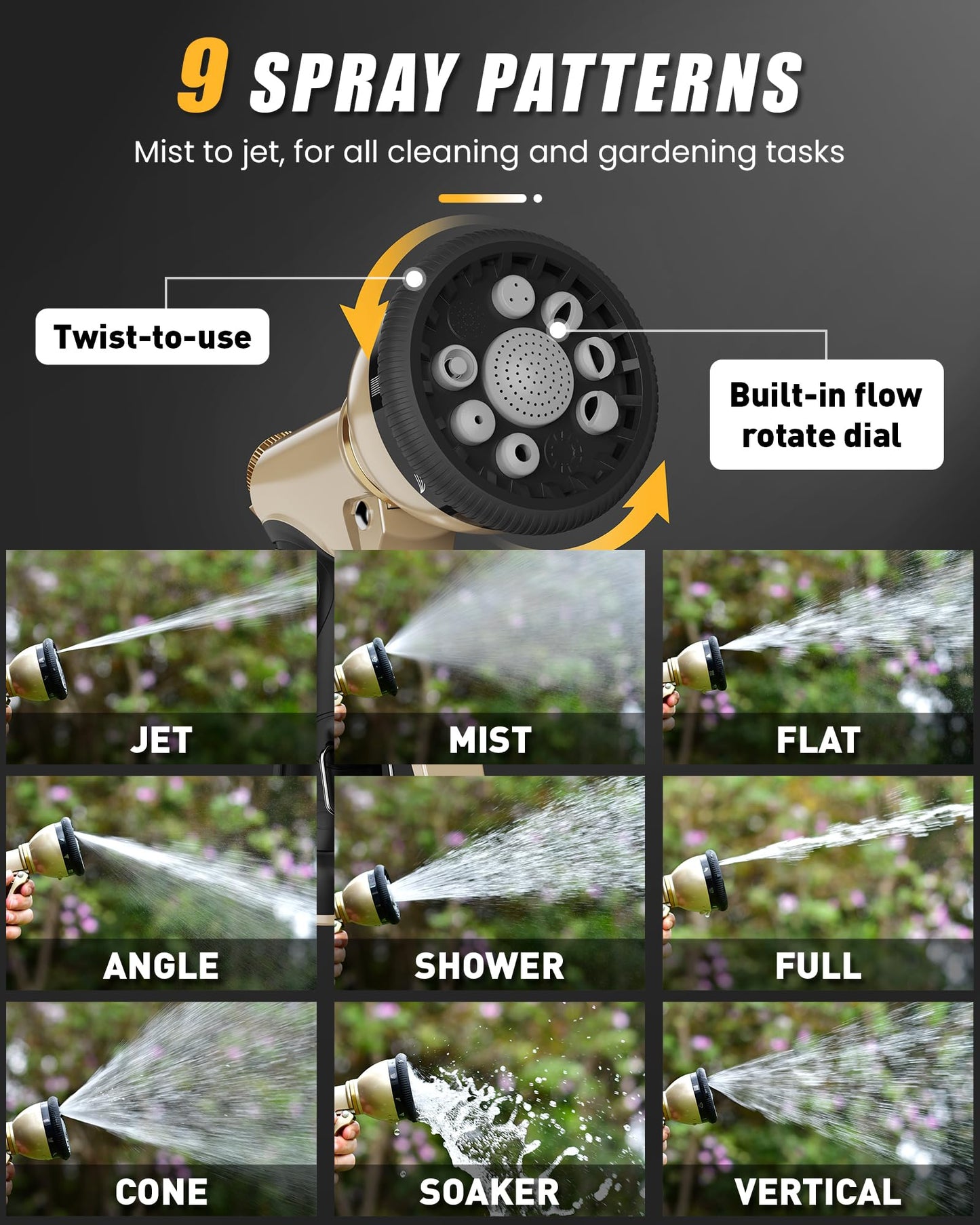RAINPOINT Garden Hose Nozzle, 9 Spray Patterns Hose Sprayer Nozzle, Heavy Duty Metal Water Hose Nozzle, Adjustable Hand Sprayer, Watering Plants and Lawn, Pet Showering,Gray