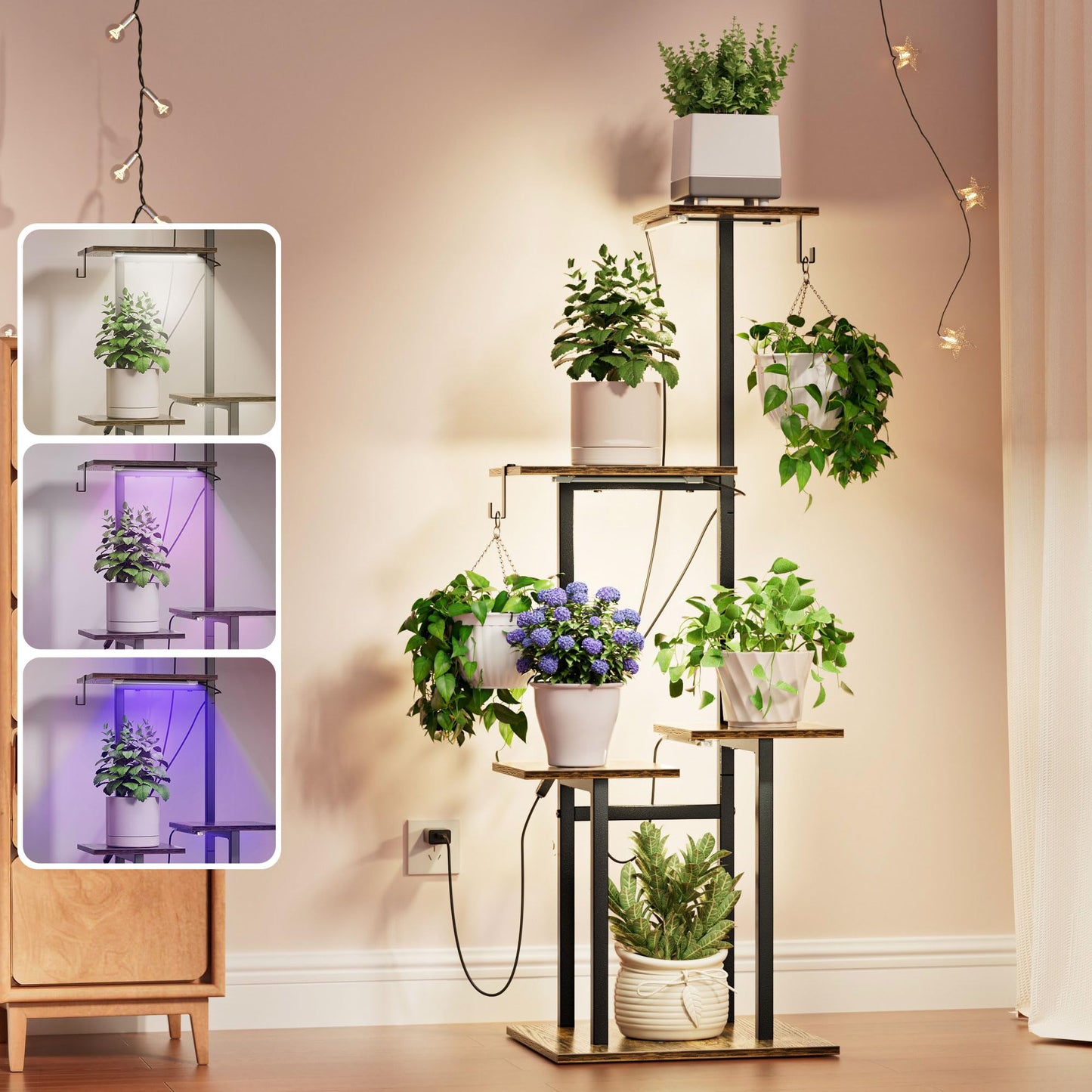unlumm Plant Stand Indoor with Grow Lights, 46" Metal Corner Plant Shelf with 3 LED Lights, 5-Tiered Tall Plant Flower Holders with 2 Hanging Hooks for Living Room, Garden, Patio (Black Brown)
