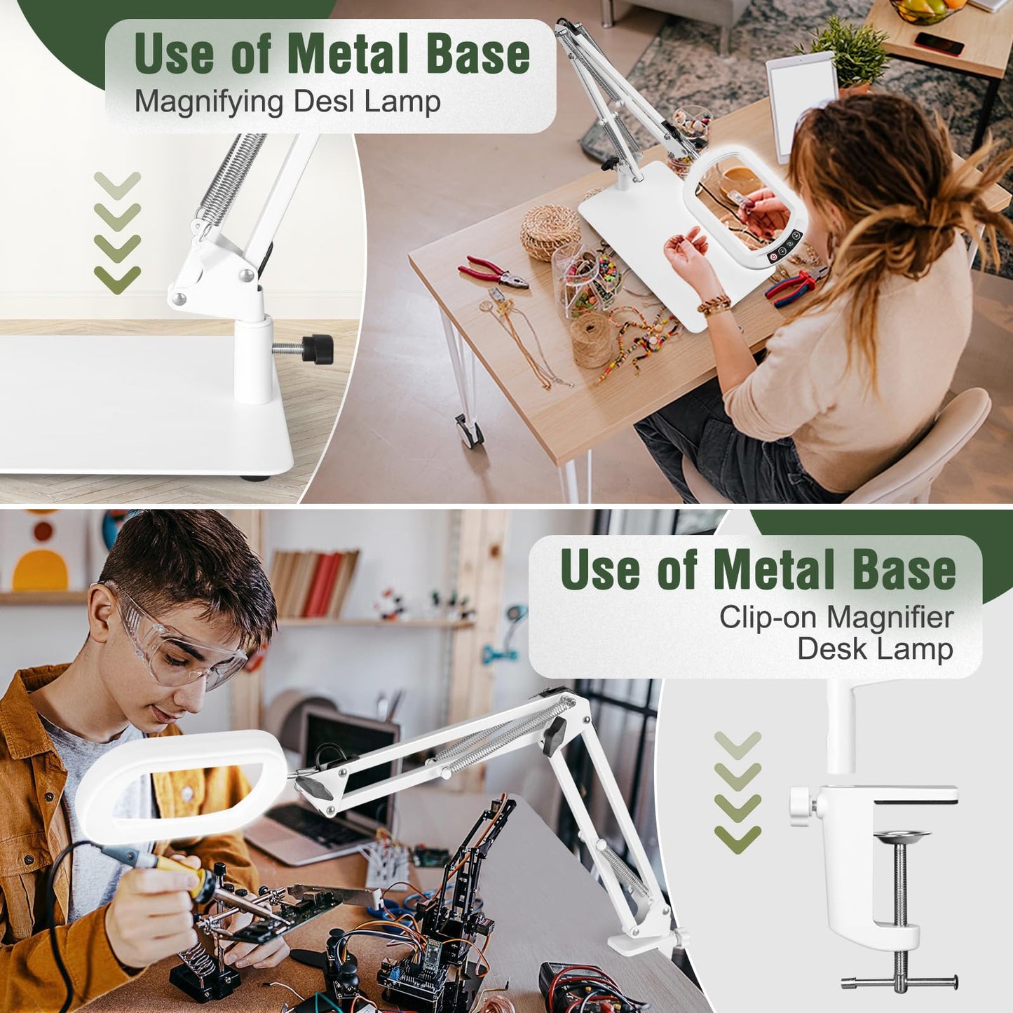 12X Rectangle Magnifying Glass with Light and Stand, 5 Color Modes Stepless Dimmable, 2-in-1 LED Desk Lamp with Clamp, Hands Free Lighted Magnifier for Reading Crafts Repair Painting Close Work White