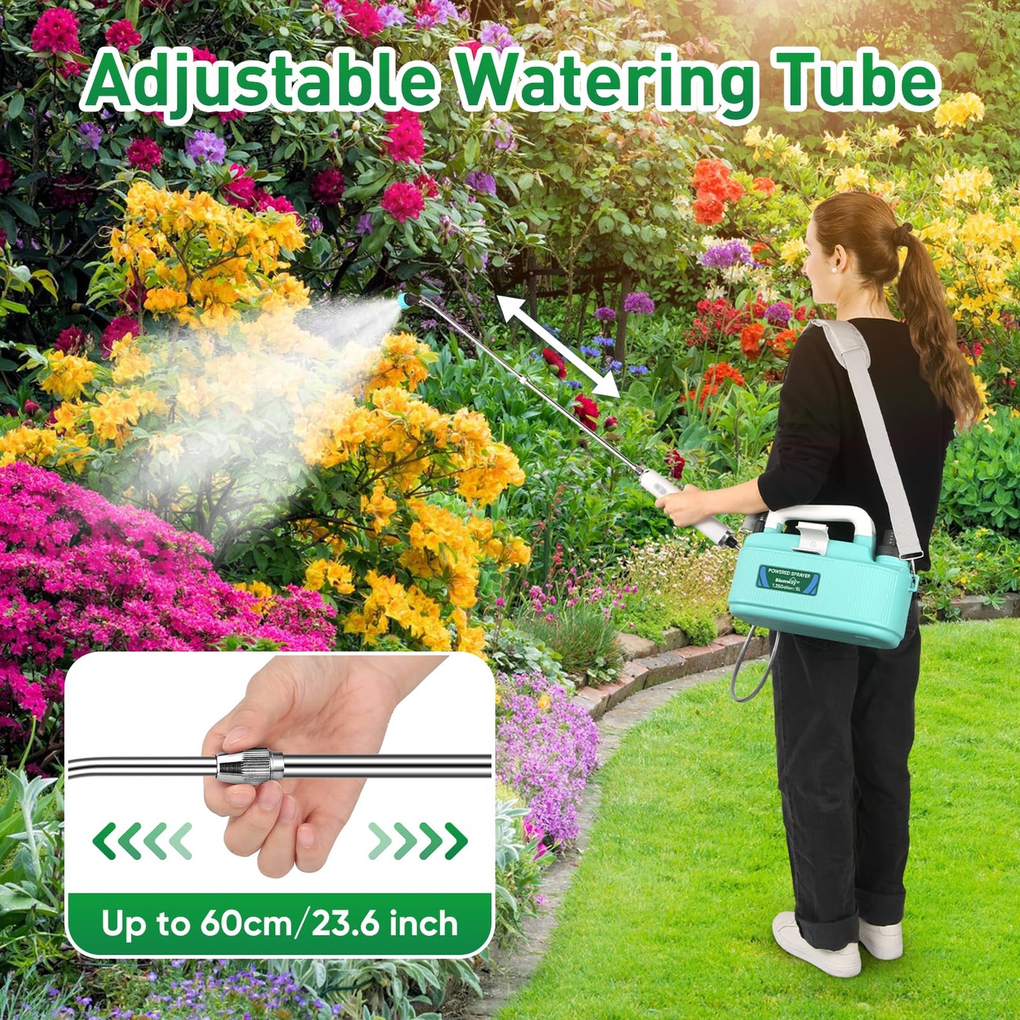 BlumWay Battery Powered Sprayer 1.35 Gallon, Powerful Electric Sprayer with 5 Mist Nozzles, Rechargeable Handle, 4000mAh, Garden Sprayer with Adjustable Shoulder Belt for Lawn/Garden