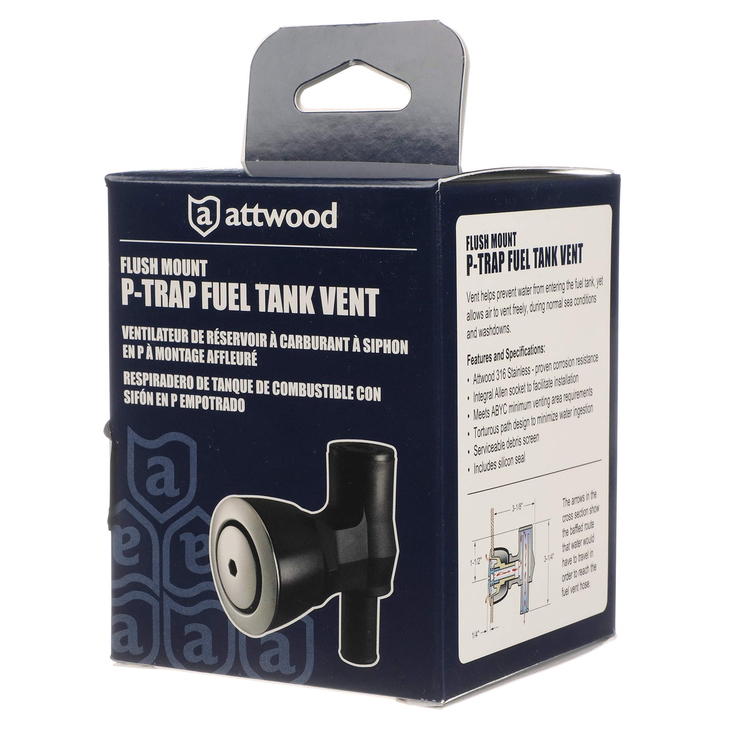 Attwood 1674-6 90-Degree P-Trap Fuel Tank Vent, Flush Mount, 5/8-Inch Interior Diameter Hose, Stainless Steel Vent Head