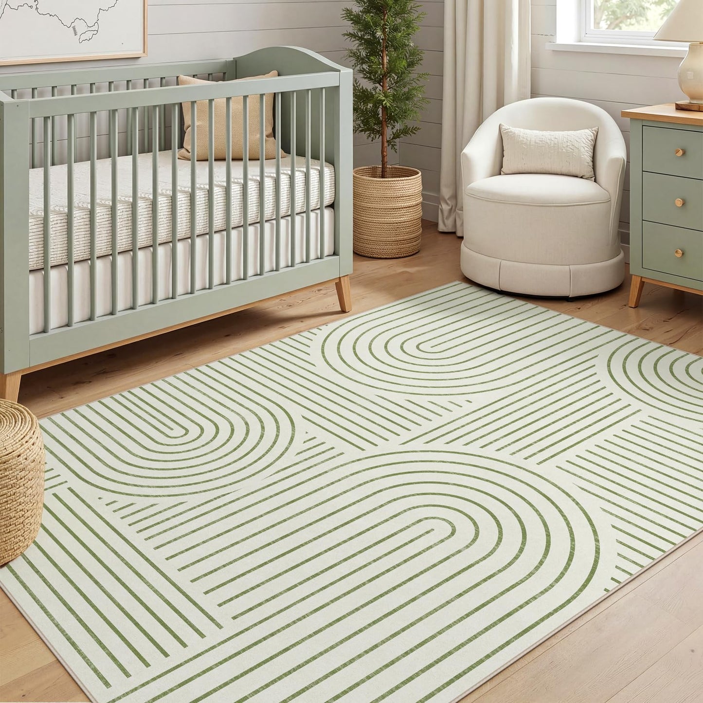 Dadasgk Washable Area Rug 5x7 - Boho Living Room Rug Soft Indoor Carpet Ultra-Thin Sage Green Modern Abstract Rainbow Rugs for Bedroom Dining Room Nursery Classroom Home Decor