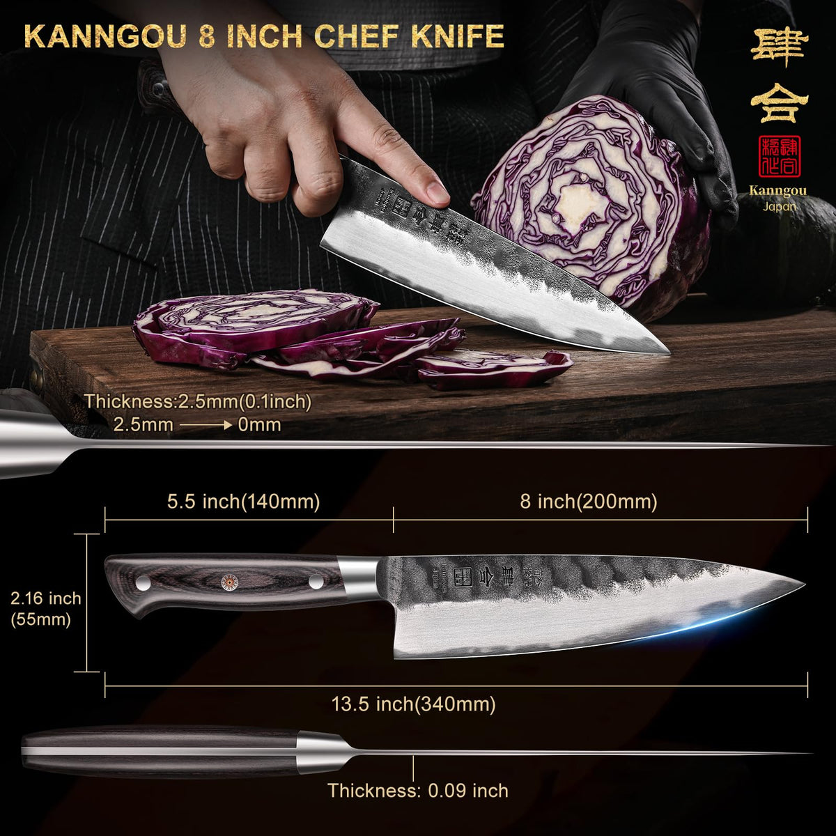 Kanngou 8 Inch Chef Knife Japanese Kitchen Knife, AUS-8 Alloy Steel Japanese Knife with Full-Tang Pakkawood Handle, Chef's Knives with Premium Gift Box