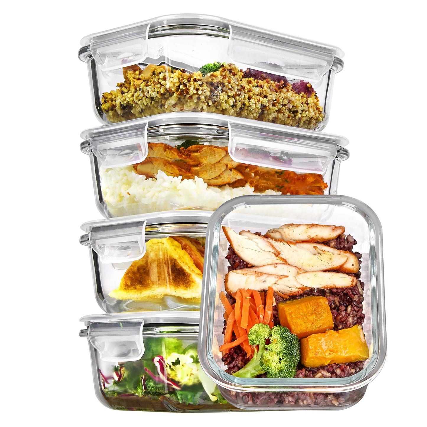 Vtopmart 5 Pack 22oz Glass Food Storage Containers with Lids, Meal Prep Containers, Airtight Lunch Bento Boxes with Snap Locking Lids for Microwave, Oven, Freezer and Dishwasher