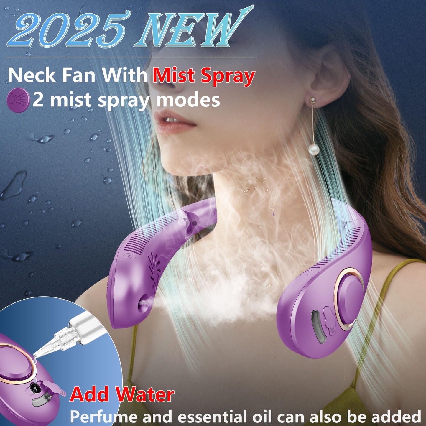 Personal Fan with Water Mist,Bladeless Neck Fans for Women Rechargeable,Electric Cooling Neck Fan for Men,Folding Battery Operated Misting Fan Air Circulator Necklace Fan for Travel,Home,Office Purple