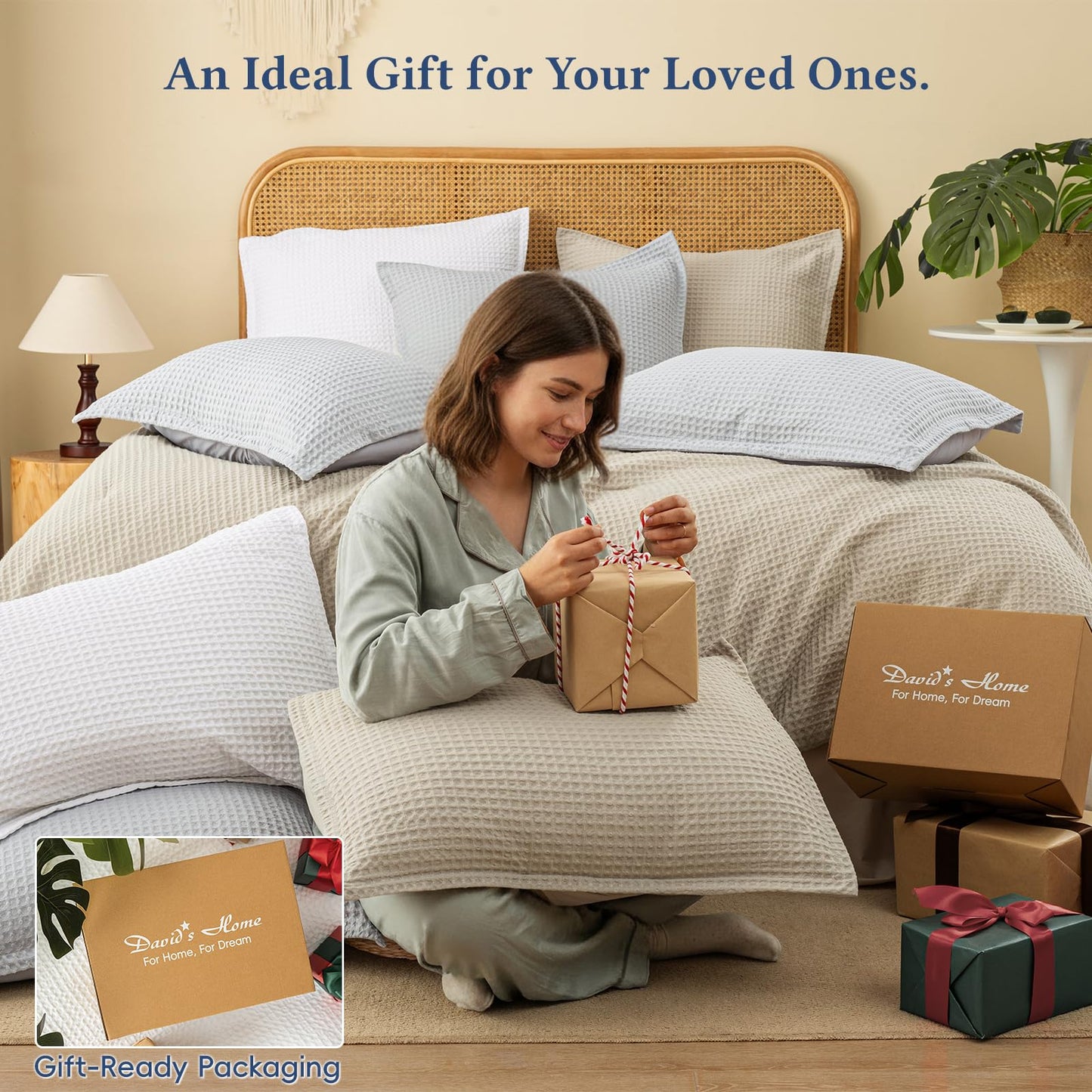 David's Home Waffle Weave Comforter Set 2PCS Twin Size, Soft Breathable Lightweight Cozy Skin-Friendly Warm for All Season, Elegant Aesthetic Home Decor Bedding Set with Pillow Shams, White