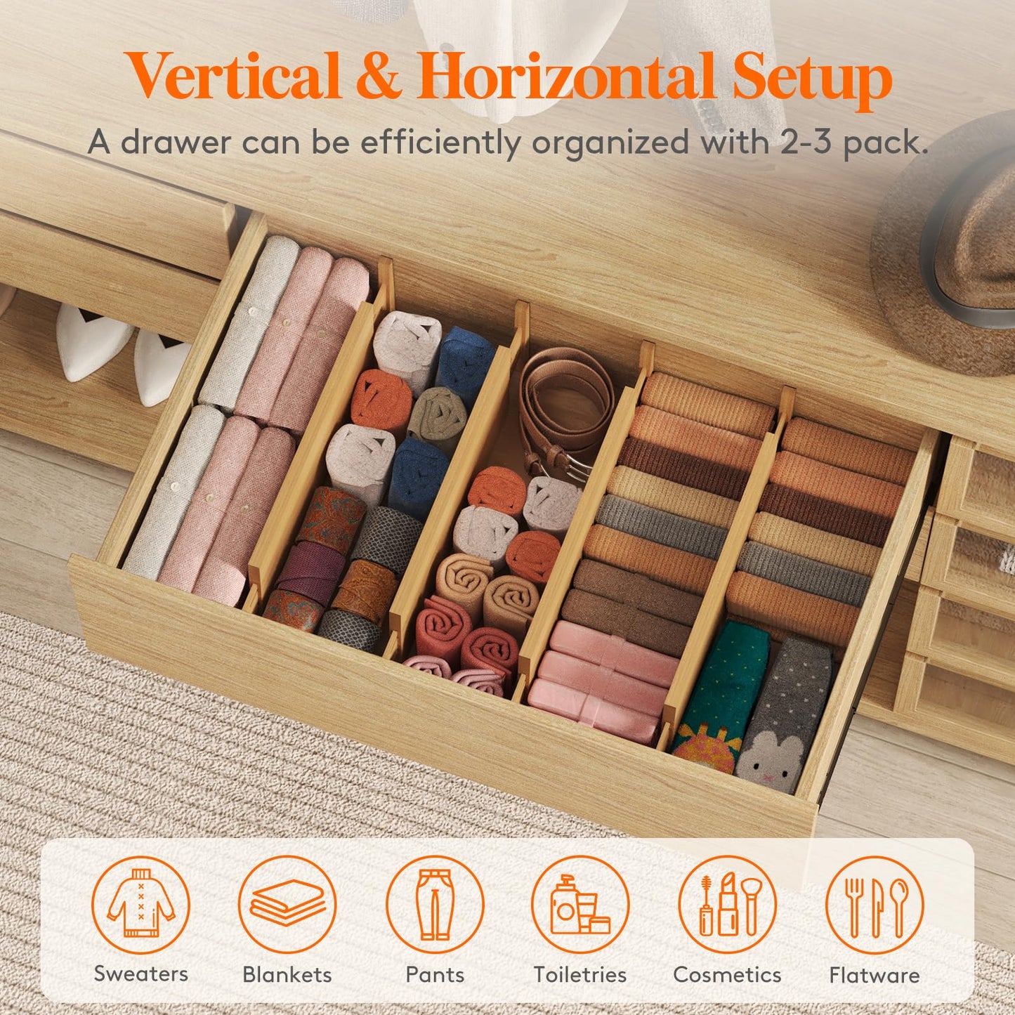 Lifewit Bamboo Drawer Dividers, Adjustable Clothes Drawer Organizers, Expandable Dresser Separators in Bedroom/Bathroom/Kitchen/Office Organization and Storage, 5" High 17.5-22.0" Long, 6 Pack