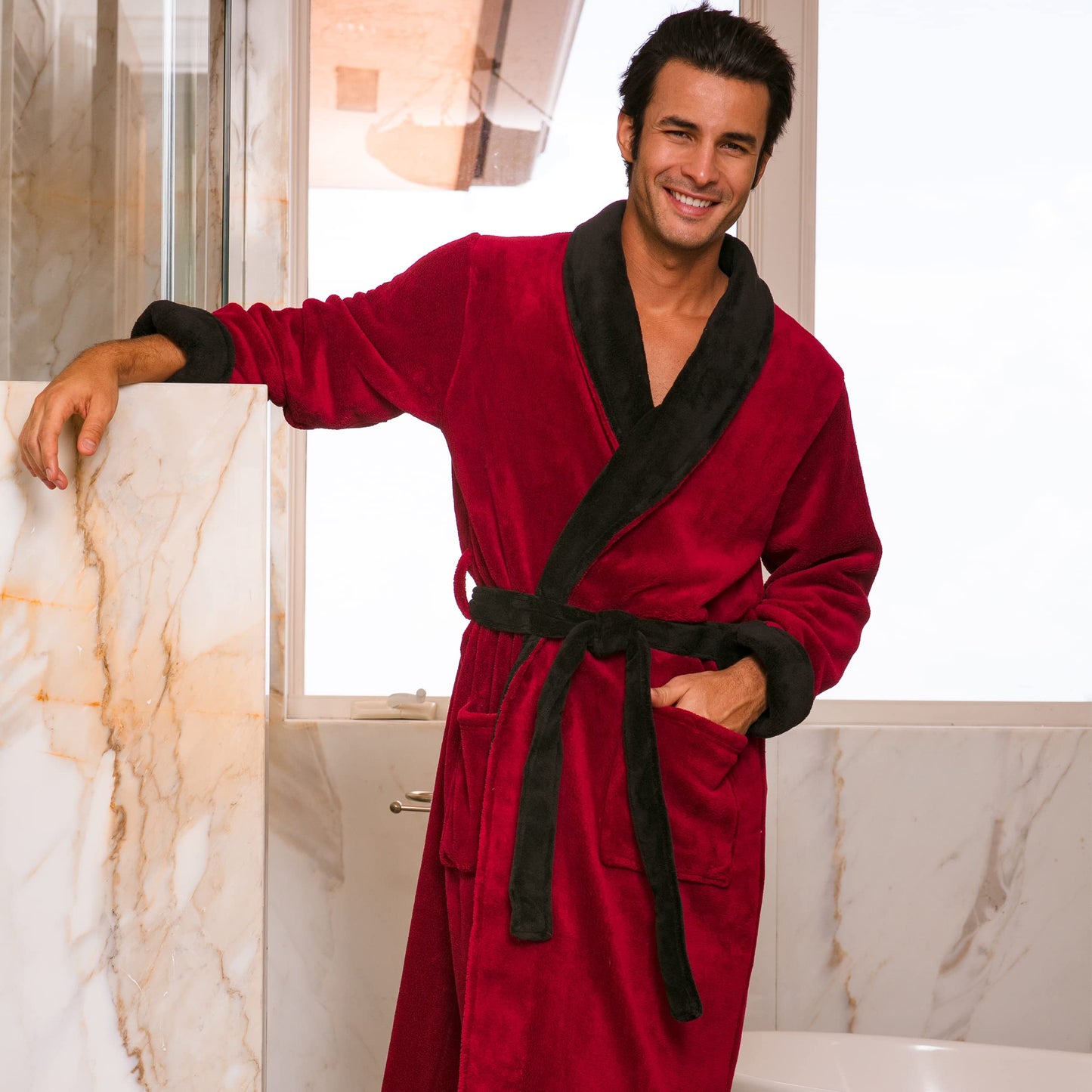 Alexander Del Rossa Men's Warm Fleece Robe, Plush Bathrobe, Large XL Burgundy with Black Contrast (A0114BRBXL)
