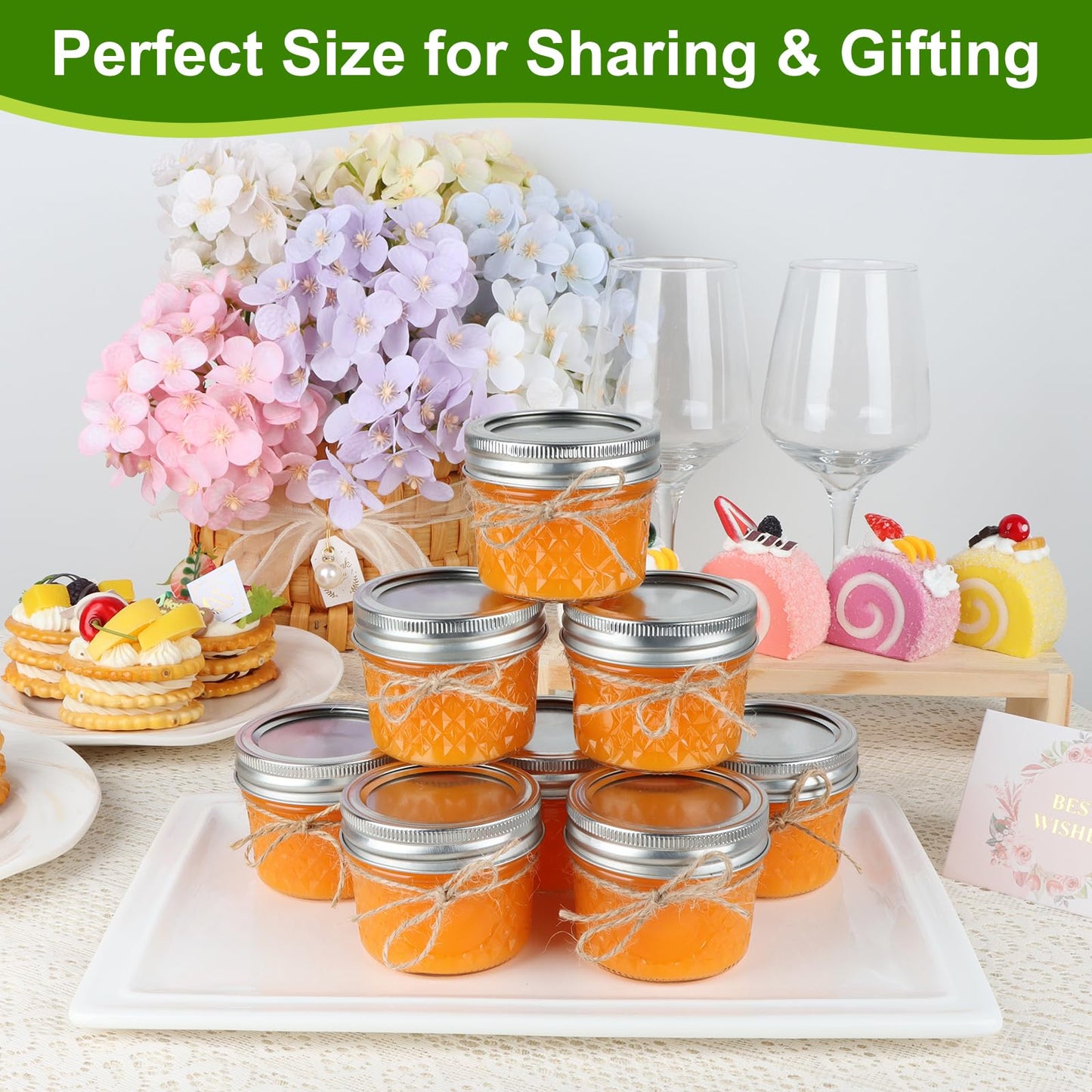 GUANENA 24 Pack 4 oz Mason Jars, Small Canning Jars with Regular Lids and Bands, Mini Glass Jars for Jam, Jelly, Honey, Spice, Wedding Favors, DIY Projects