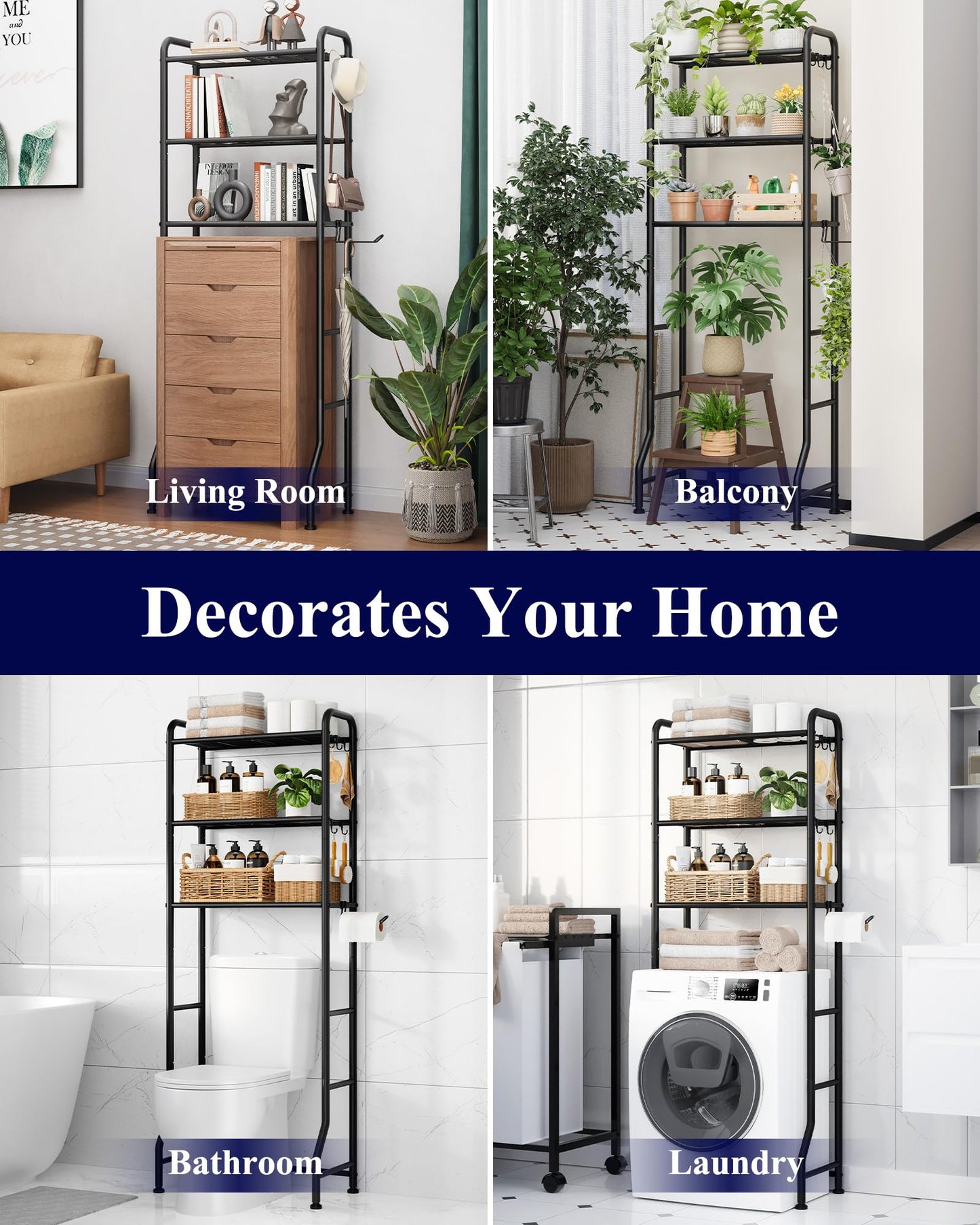 Kitsure Over Toilet Storage Rack – 3-Tier Black Metal Bathroom Organizer Shelf with Toilet Paper Holder & Hooks, Space-Saving Over the Toilet Cabinet for Laundry Room or Washroom, 63.2" H