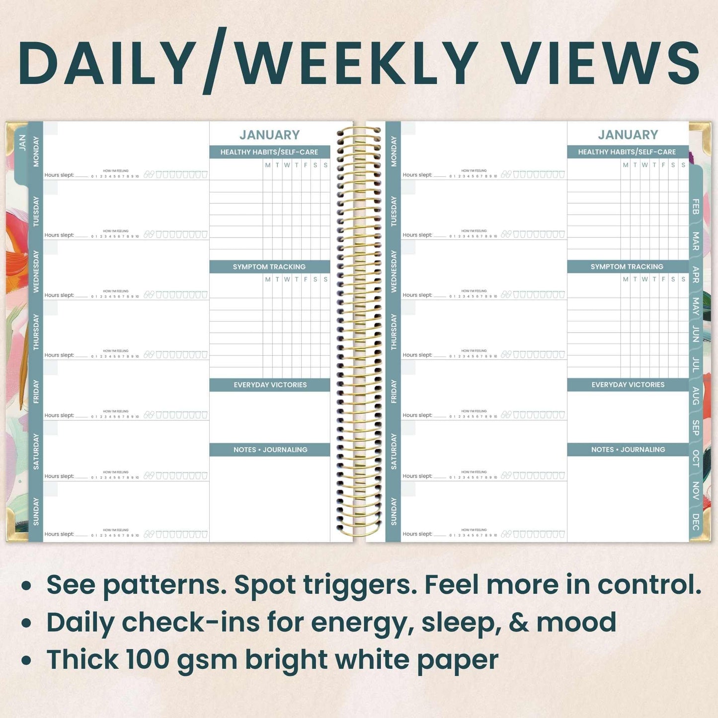 bloom daily planners Undated Chronic Illness Planner & Medical Journal - 12 Month Pain & Symptom Tracker, Mood & Medication Log, Appointment Organizer (7” x 9”) - Brushstroke Blooms