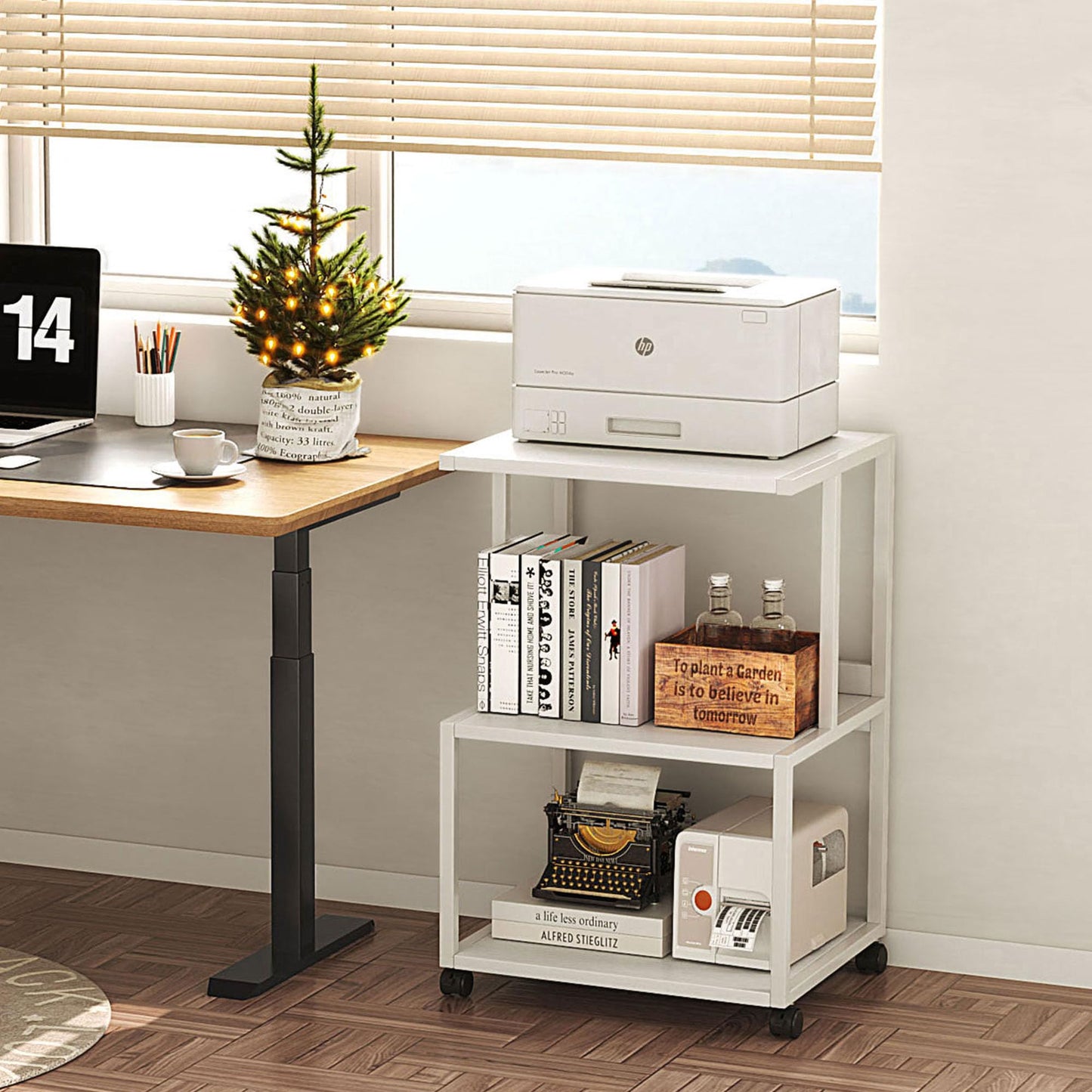 Vermess Printer Stand, Large 3 Tier Printer Table with Wheels, Industrial Printer Storage Cart, Rolling Printer Cart with Storage Shelf for Printer Scanner Fax Home Office Use, White