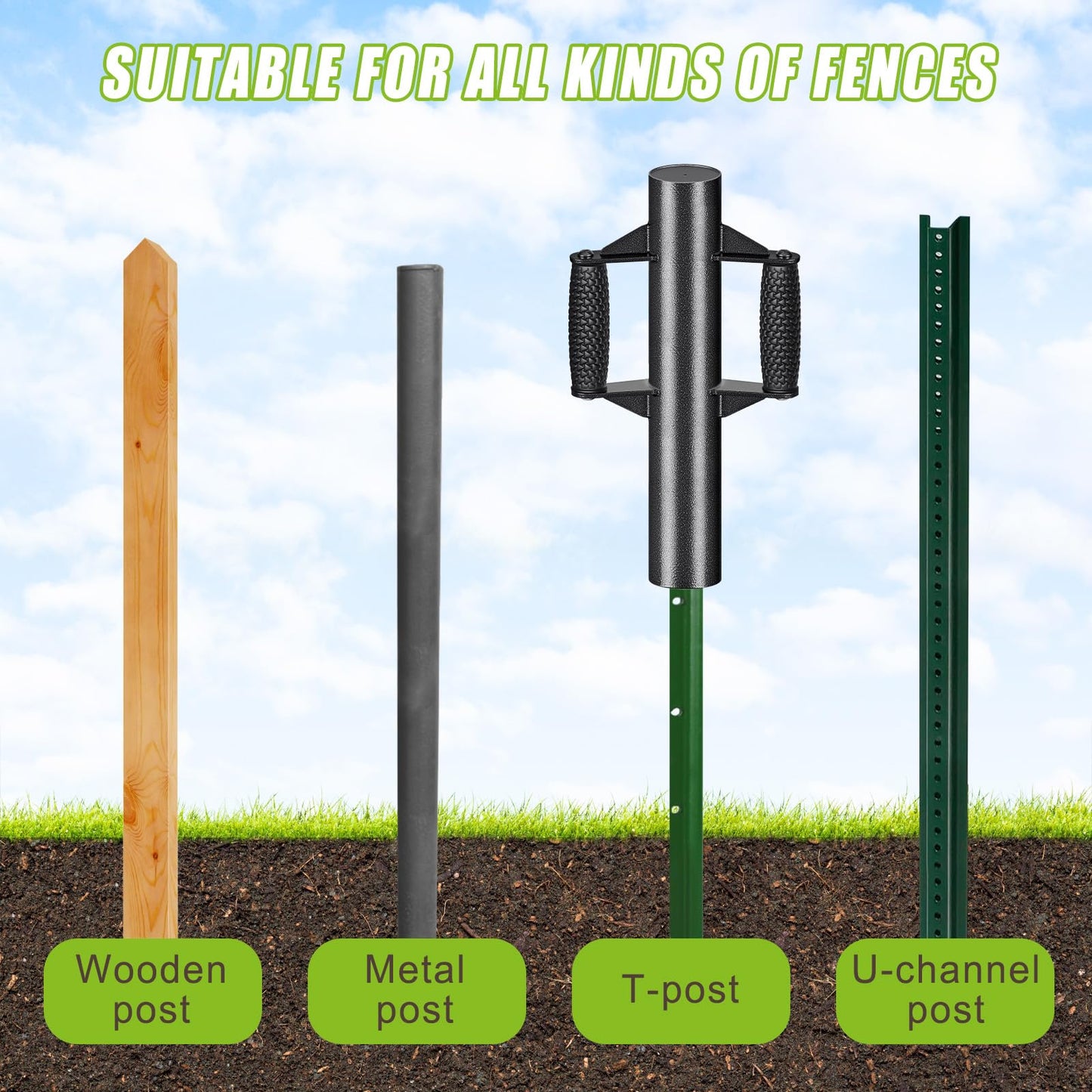 Insaga Enhance Fence Post Driver with Anti-Slip Handles T Post Driver, Heavy Duty Steel Post Driver Pounder Hammer for Metal Fence Posts, T Posts, U-Channels (2.7''DIA-17''L-9LB)