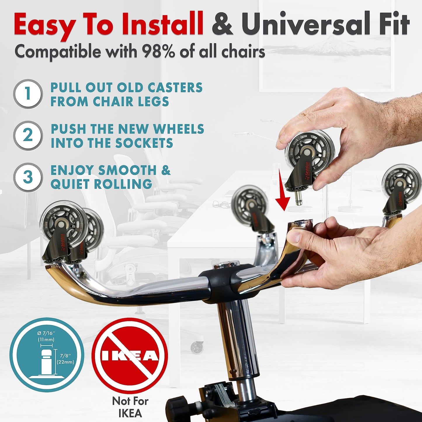 Office Chair Wheels Gift Set of 5 for - Protect All Your Floors - 3'' Heavy Duty Replacement Rollerblade Rubber Desk Chair Casters - Best Protection for Your Hardwood Floors