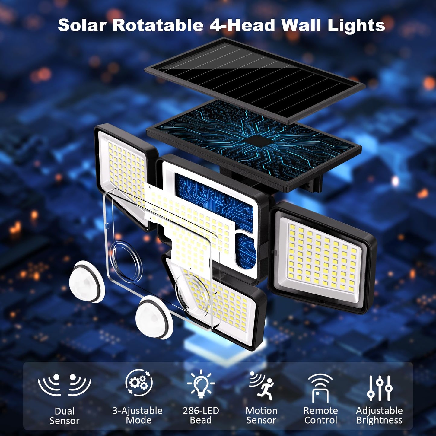 K KASONIC Solar Lights Outdoor, 286 LEDs Solar Dual-Motion Sensor Lights with 4-Head, 6500K Wide Angle Illumination, IP65 Waterproof Security Flood Lights for Backyard Patio Garden Garage Wall, 2 Pack