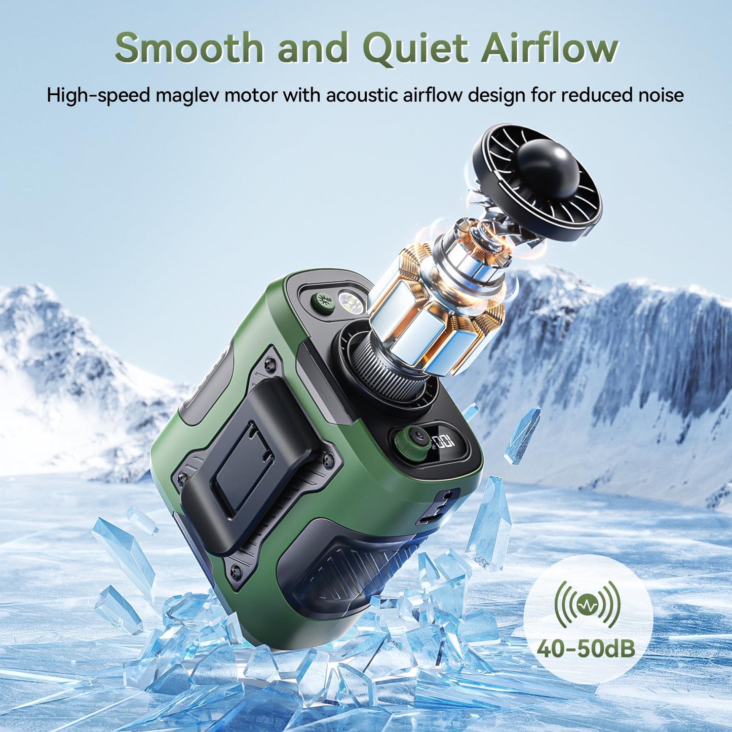 Portable Waist Fan Clip on with Light, 12M/S Quiet & Powerful Silencer Motor, 100 Speeds Wearable Belt Personal Shirt Fan, Digital Display, Upto 24H Cooling Time, Ideal Gift for Outdoor Workers(Green）