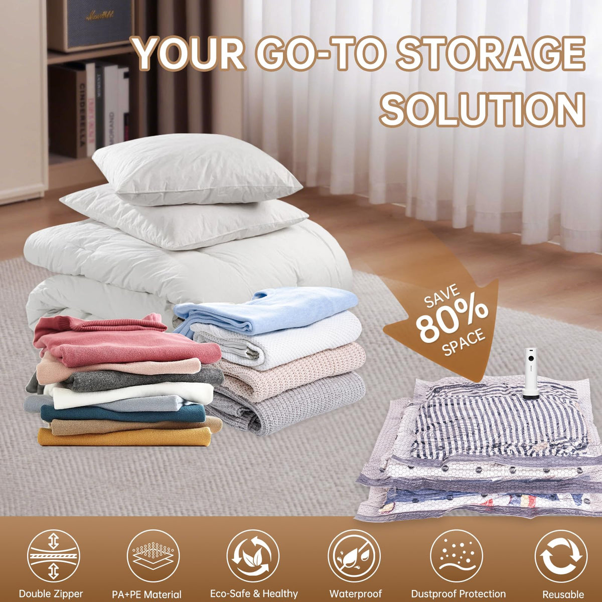 Vacuum Bags for Travel with Wireless Rechargeable Pump, 18 Pack Carry-on Size Compression Packing Seal Bags for Luggage and Suitcase, Space Saver Vacuum Storage Bags for Clothes and Clothing Travel