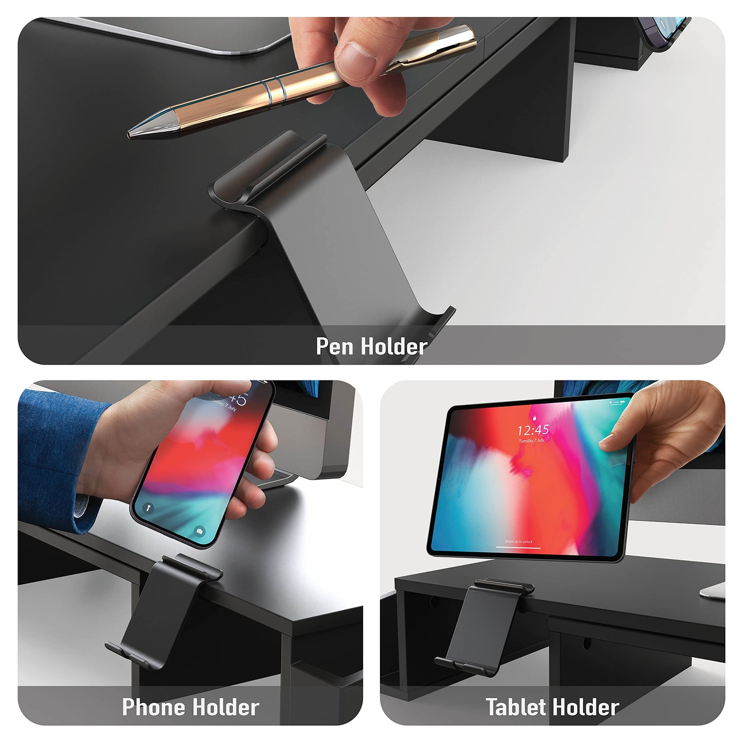 SimpleHouseware Dual Monitor Stand Riser of Adjustable Length and Angle Shelf with Holder and Drawer, Black