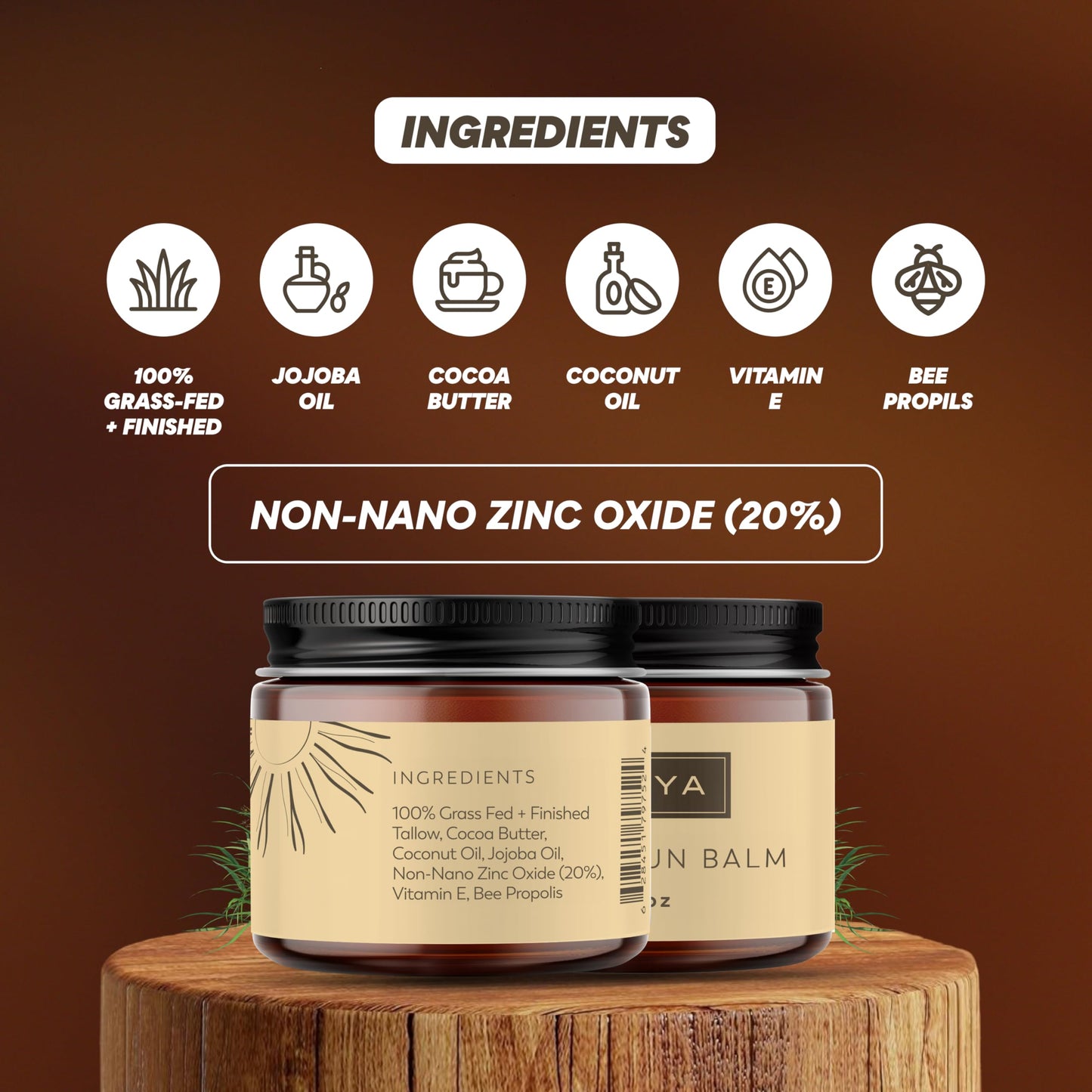 Broya Tallow Sun Balm – Mineral Face & Body Balm with 20% Non-Nano Zinc Oxide – 100% Grass-Fed Beef Tallow Moisturizer – Skin Support with Vitamins A, D, E, K – Fragrance-Free – 2 fl oz