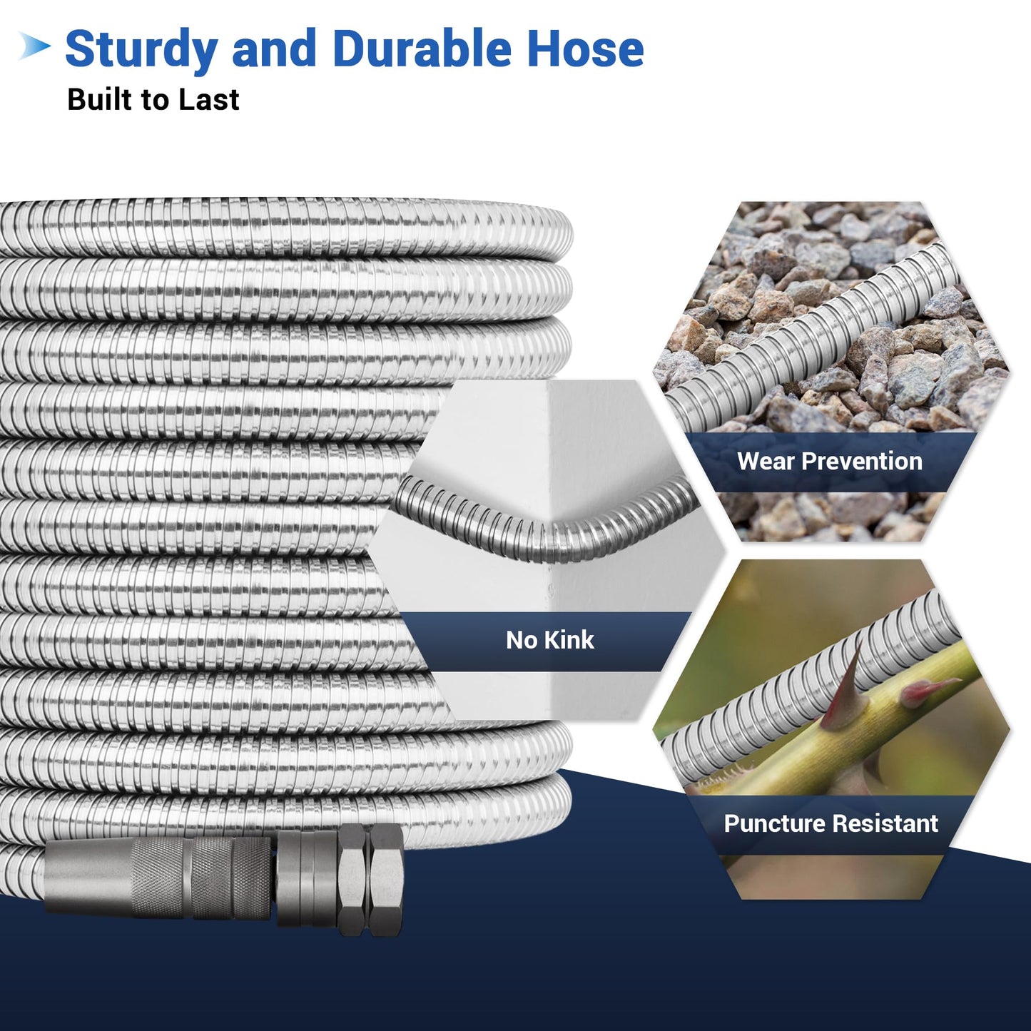 Bluebala Metal Garden Water Hose - Heavy Duty Stainless Steel Water Hose with 8-Mode Spray Nozzle, 3/4" Fittings, Reinforced Connector, Leak Proof, Puncture Resistant, No Kink, Lightweight Hose(25FT)