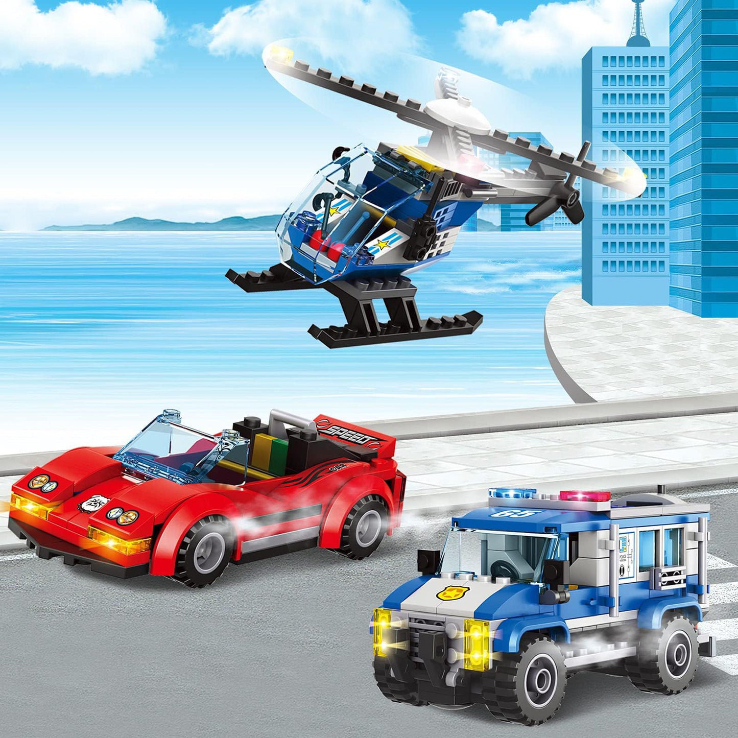 City Police Catch Thief Building Set with Cop Car, Bank, Helicopter, Getaway Sports Car, Fun Police Chase Toy for Kids, Best Learning & Roleplay STEM Toy Gift for Boys Girls Age 6+(625pcs)