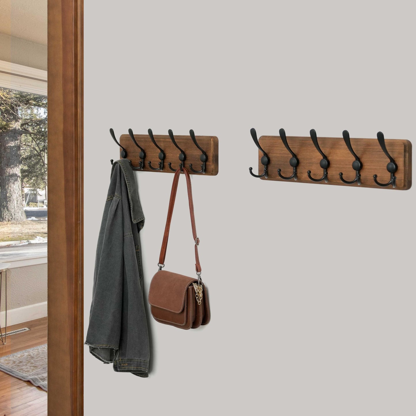 WEBI Coat Rack Wall Mount,Coat Hooks Wall Mounted,16'' Hole to Hole,Wood Coat Hanger Wall,Hook Rack Rail,5 Triple Hooks for Hanging Coats,Jacket,Clothes