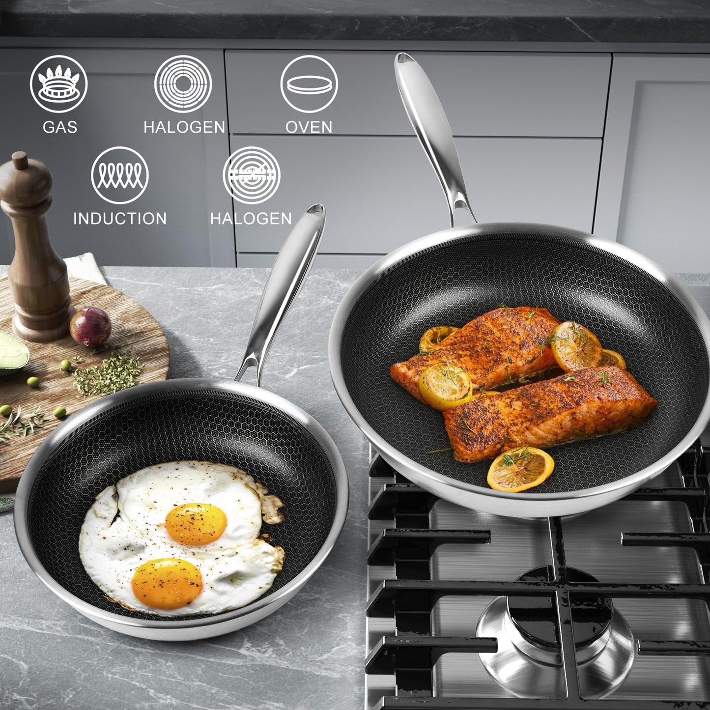 12 inch Tri-Ply Stainless Steel Frying Pan with Lid Large Nonstick Honeycomb Coatings Skillet for Eggs & Omelettes Non Toxic Healthy Omelette Pan Compatible W/All Cooktops