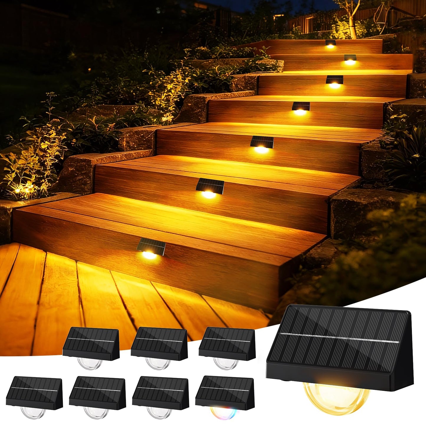 Quntis RGBWW Solar Step Lights 8-Pack, Upgrade 1-Light Covers 1-Step, IP65 Waterproof Solar Stair Lights, 10 Color Mode Solar Light Outdoor for Fence, Deck Patio Garden Stair, Porch, Railing, Sidewalk