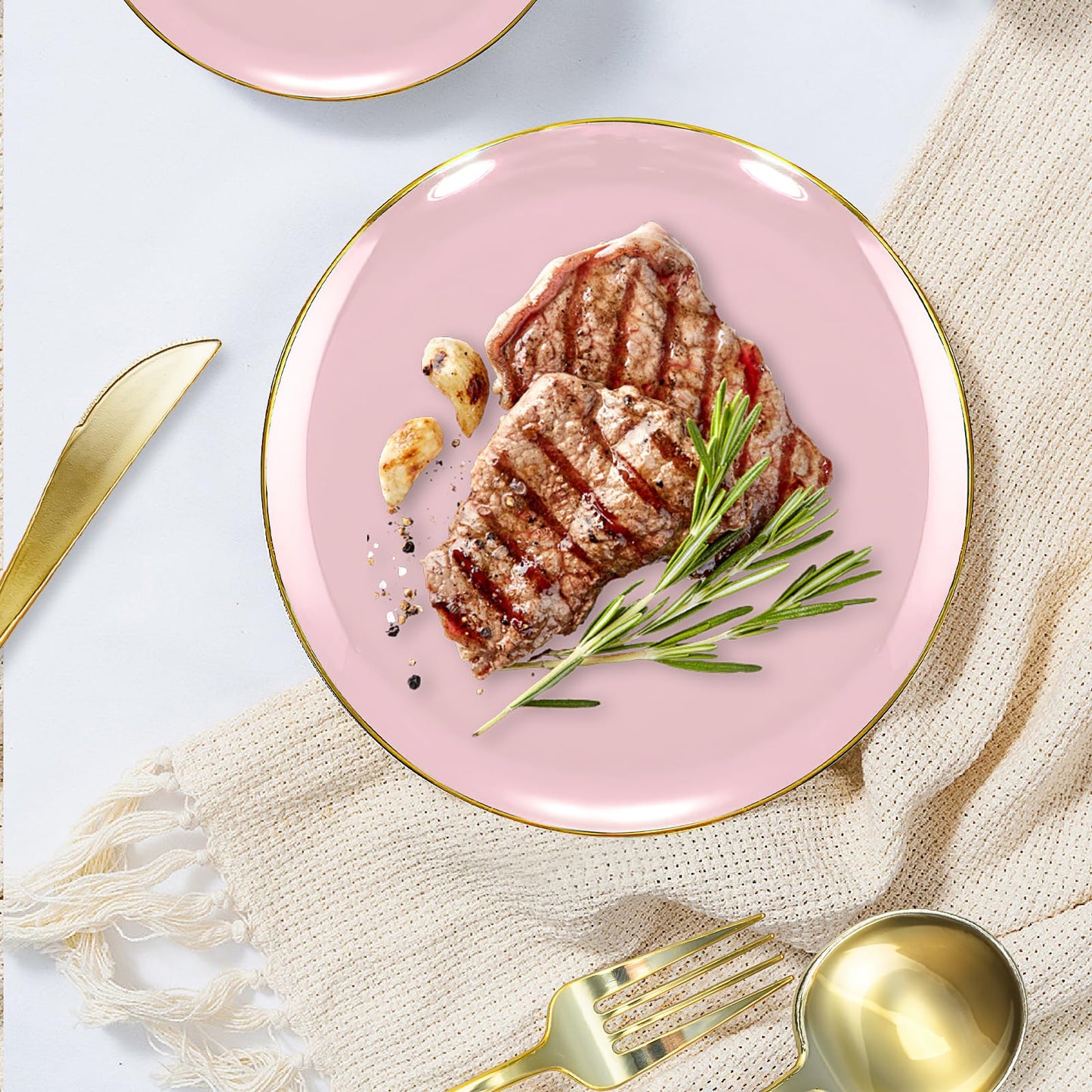 150Pcs Plastic Disposable Plates Set, Plastic Dinnerware Disposable Party Plates Set with Gold Rim for 30 Guests, Include: 30Pcs Dinner Plates, 30Pcs Dessert Plates, 90Pcs Gold Cutlery(Pink)