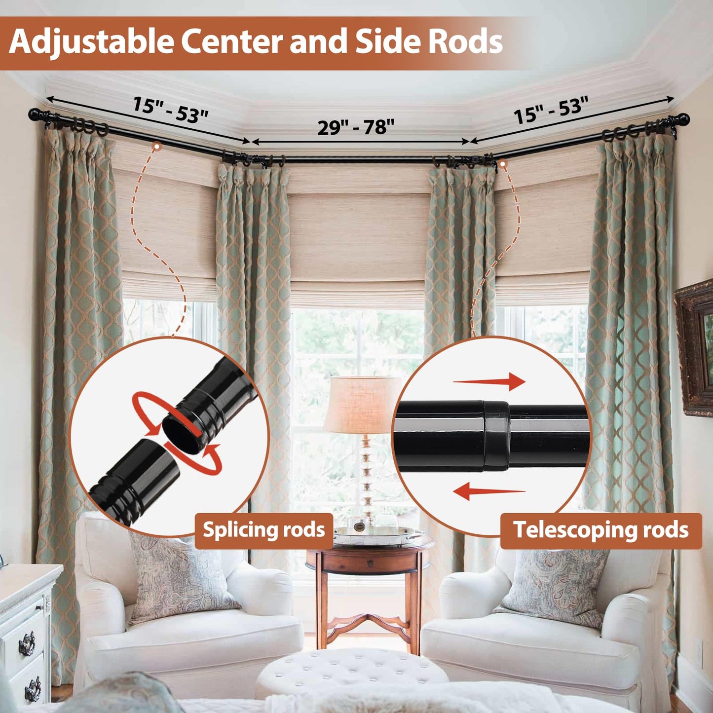 Bay Window U Shaped Curved Curtain Rods, 59-184 Inches, 1 Inch Diameter Heavy Duty Black, Adjustable for Bedroom, Living Room, Corner Windows
