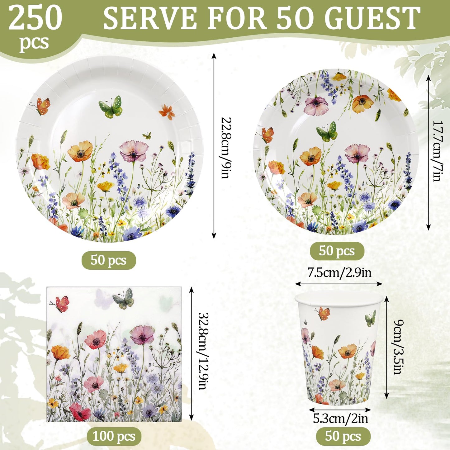 250 Pcs Wildflower Party Supplies Include Spring Floral 9 Inch and 7 Inch Paper Plates Napkins and Cups for Baby Shower Wedding Tea Party Decorations, Serve 50 Guest (Pink)
