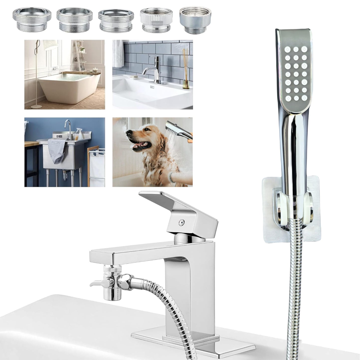 Tub faucet spayer attachment ,Bathtub Shower Head Sink-Faucet with 5 Adapters, 79" Hose for Pet Dog Rinse , Baby Bath & Hair washing , ON/OFF Extension for Tub Faucet, Utility Sink, Garden,Bathroom