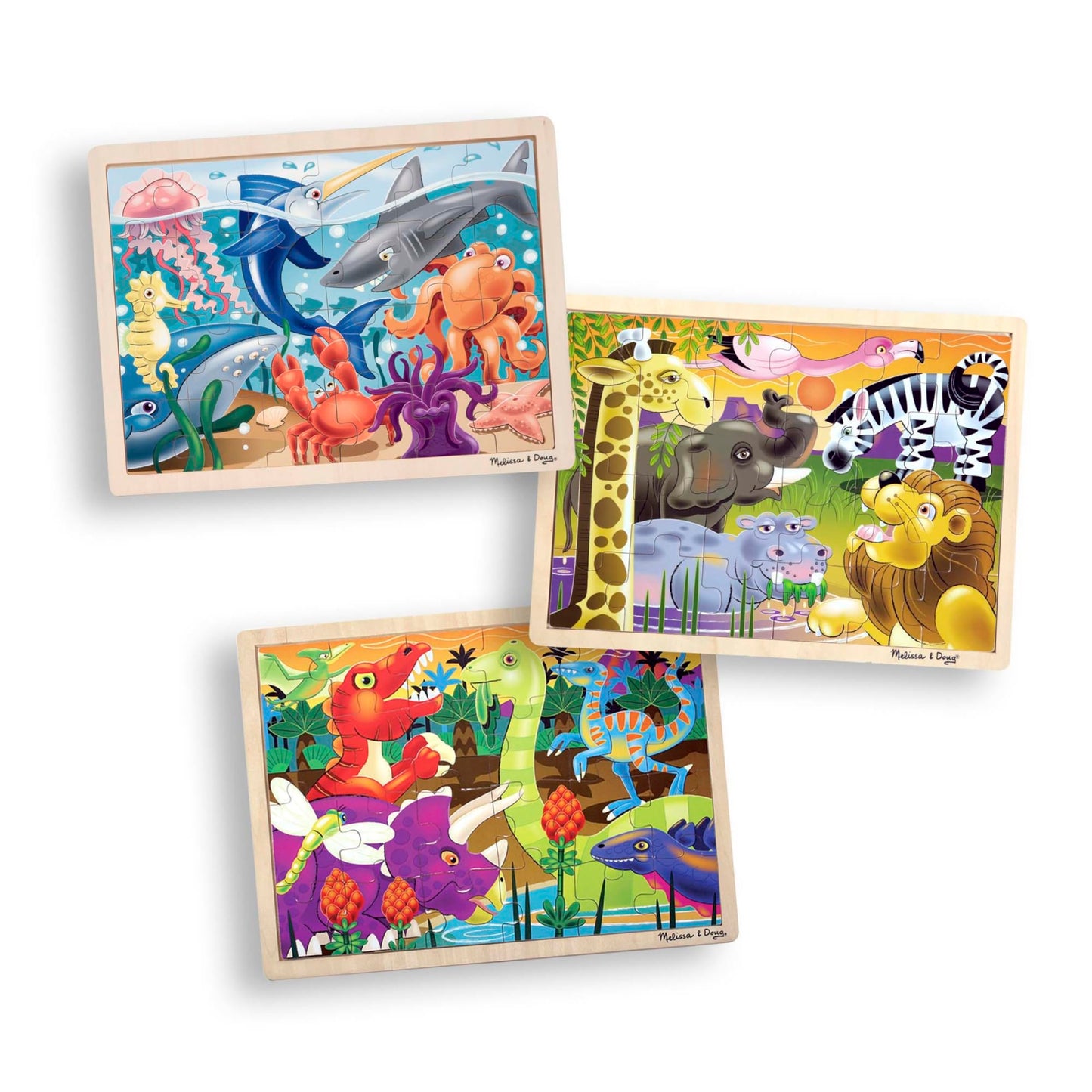 Melissa & Doug 3-Puzzle Jigsaw Set - Dinosaurs, Ocean, and SafariToddler Jigsaw Puzzles; Sea Creatures, Dinosaur, Animal Wood Puzzles for Kids Ages 3+