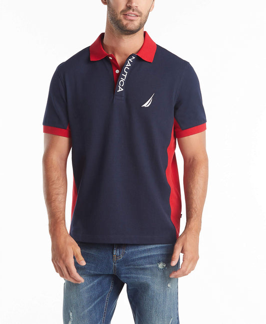 Nautica Men's Short Sleeve Color Block Performance Pique Polo Shirt, Navy, 3X-Large