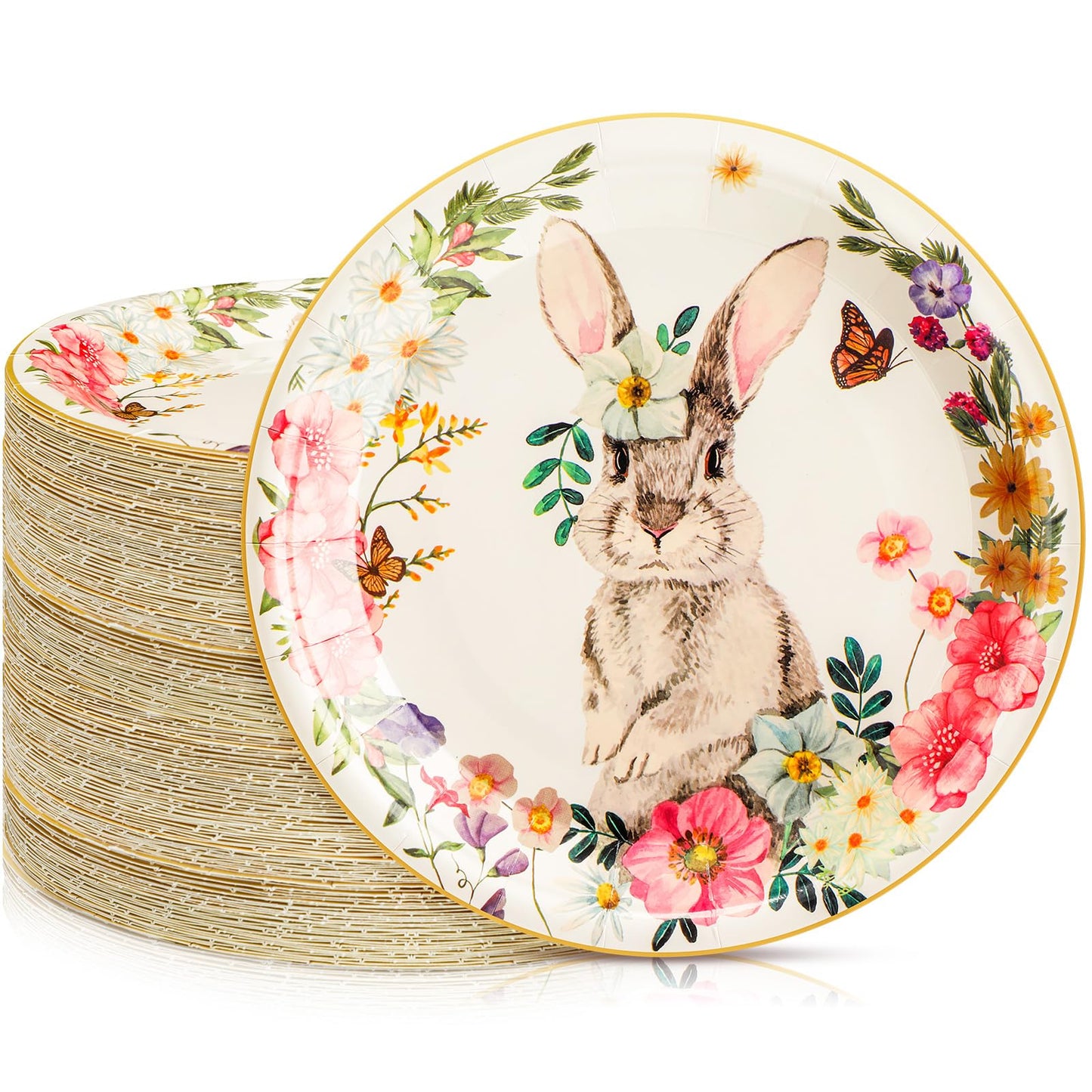 Sunnychicc 100 Pcs Easter Dessert Paper Plates Bulk 7'' Round Disposable Floral Bunny Egg Rabbit Plates for Holiday Spring Tableware Party Supplies(Beige,Cute Bunny)