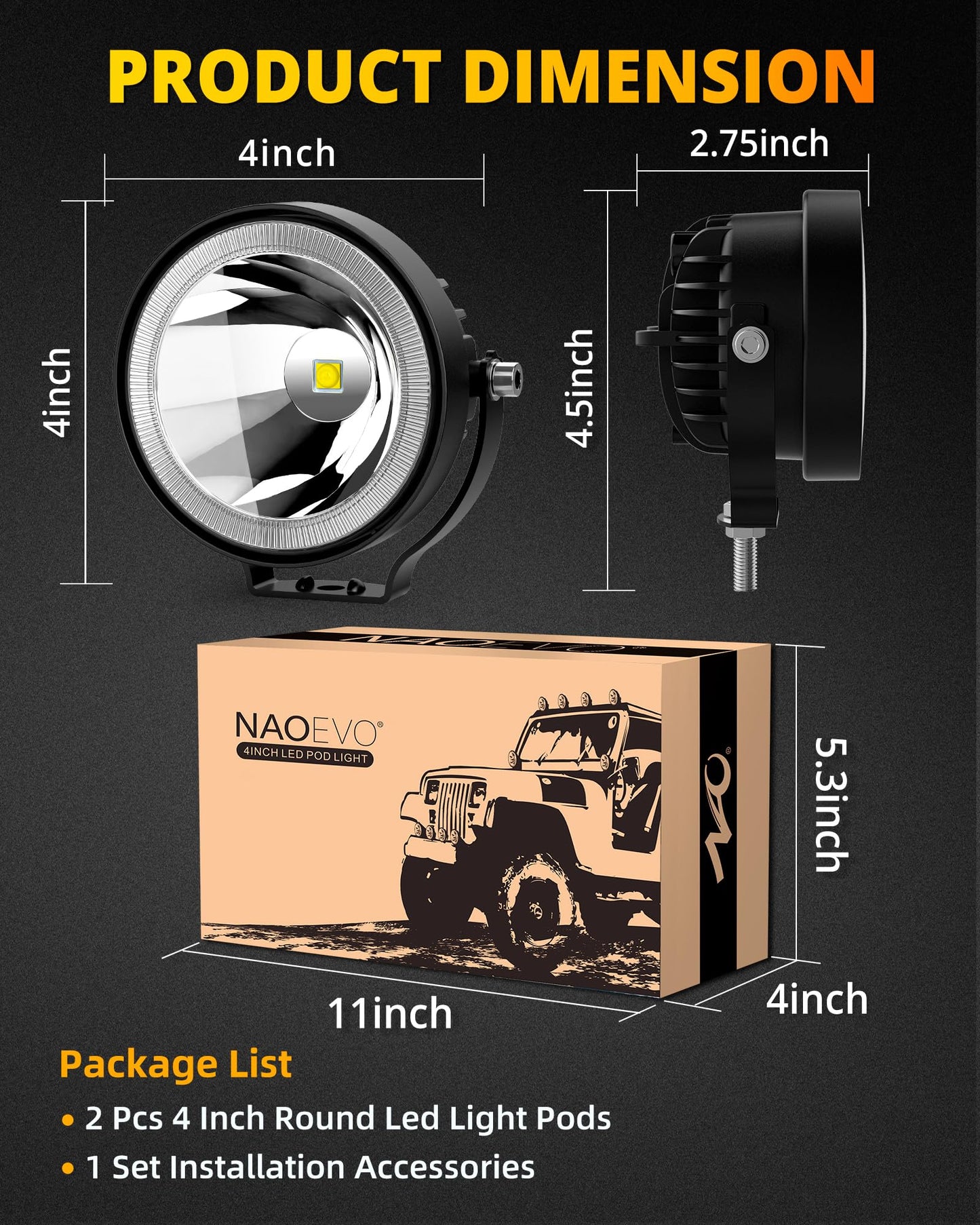 NAOEVO 4 Inch Round LED Pod Lights, 60W 6000LM LED Fog/Driving/off Road Lights, Work Lights for Truck ATV UTV Boat Motorcycle, DC 12V-24V, 2-Pack (White)