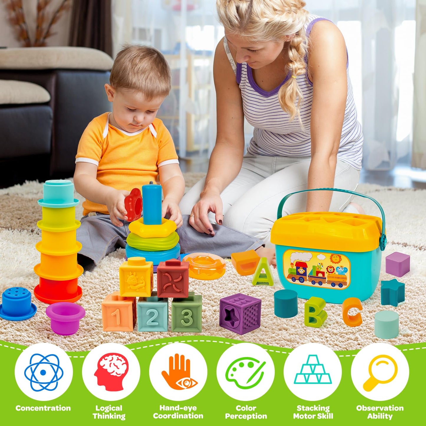 Montessori Baby Toys for Ages 6–18 Months with Sensory Shape Sorter Matching Game Toy Stacking Ring Soft Building Blocks Developmental Learning Toys for Toddlers 1+ Year Old