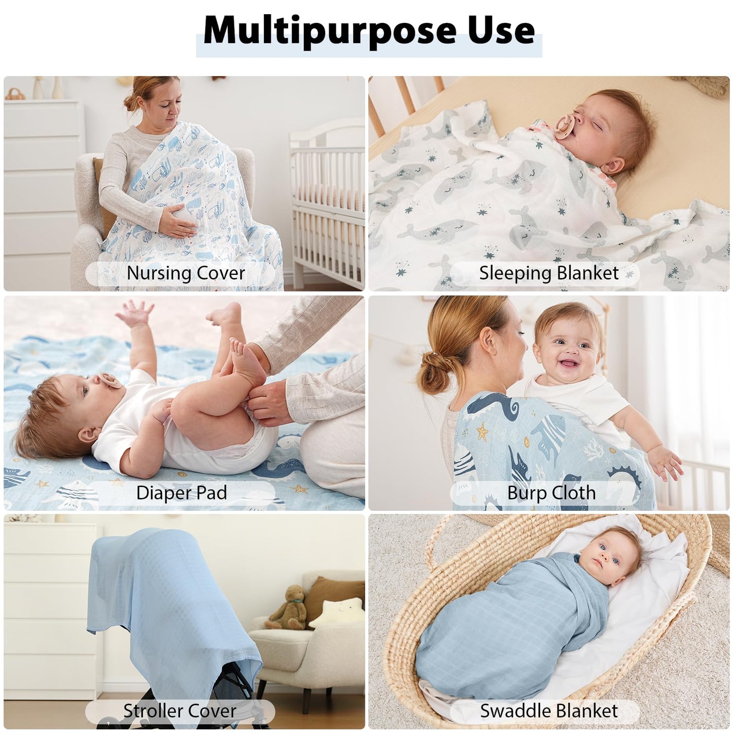 Yoofoss Muslin Swaddle Blankets, 4 Pack Receiving Blankets for Boys and Girls, 47 x 47 Inches Muslin Baby Blankets Soft Breathable - Ocean