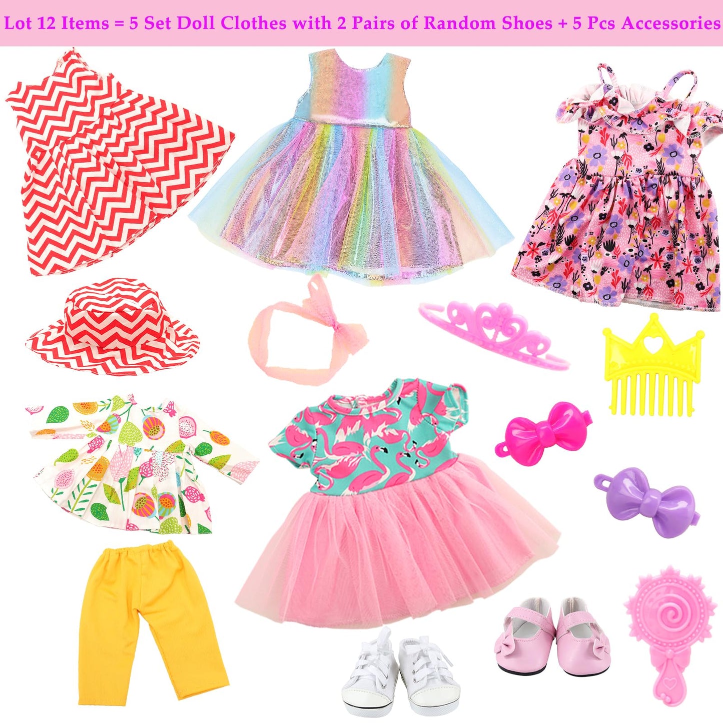 Barwa American 18 Inch Girl Doll Clothes Outfits Accessories - 5 Daily Costumes Clothes, 2 Random Style Shoes and 5 Accessories for 18 Inch Dolls Accessories
