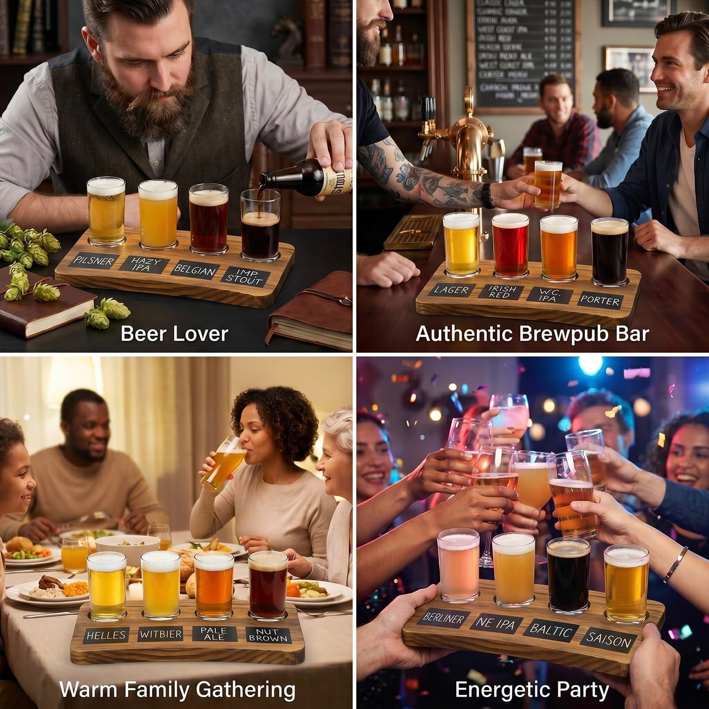 MyGift 4-Glass Dark Brown Wood Beer Flight Sampler Serving Tray with Chalkboard Labels, Set of 2