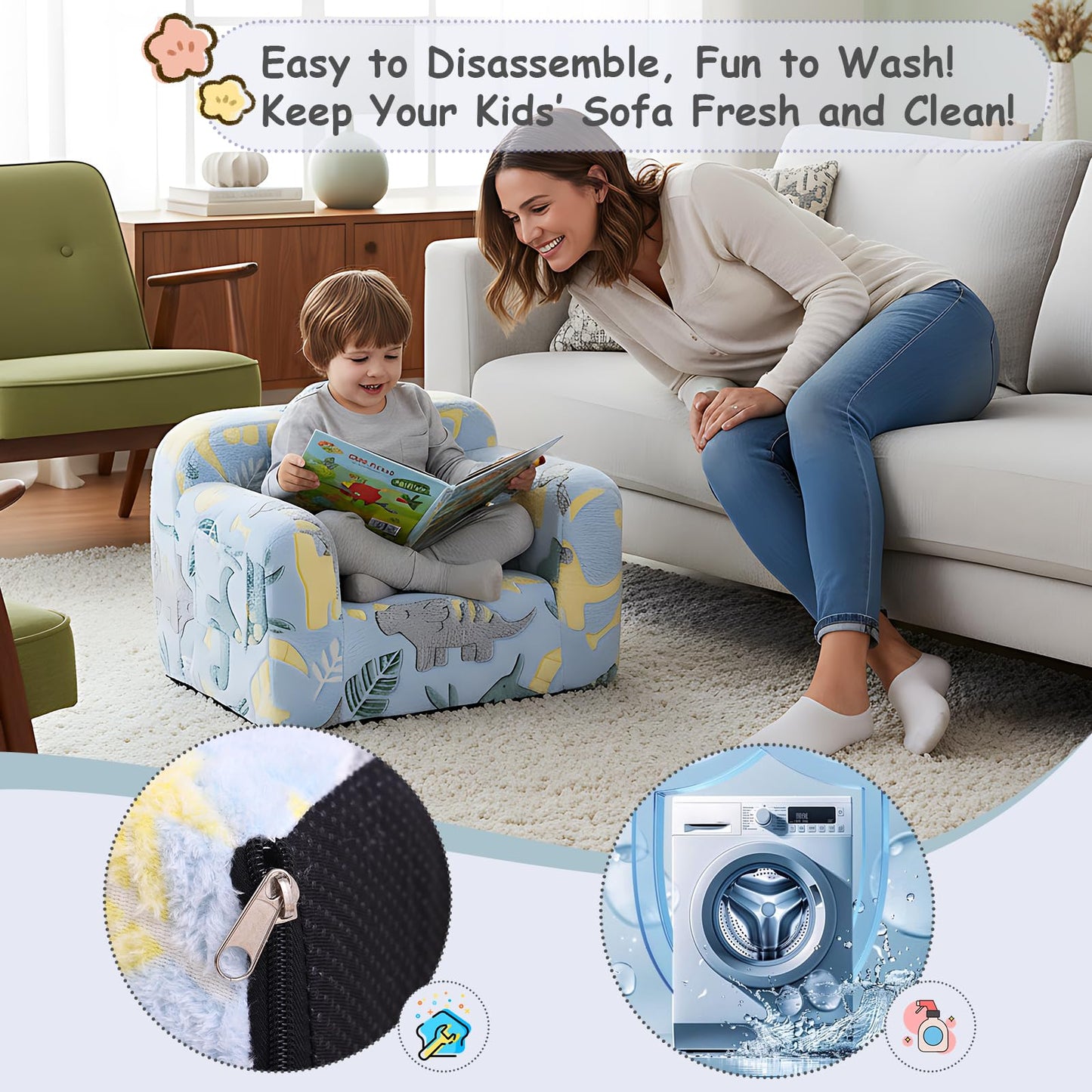 Tiita Kids Sofa, Chirldren Couch with Carrying Handle & Side Pockets, Kids Foam Chair, Toddler Armrest Chair, Kids Reading Couch for Girl Or Boy, Grey Dinosaur