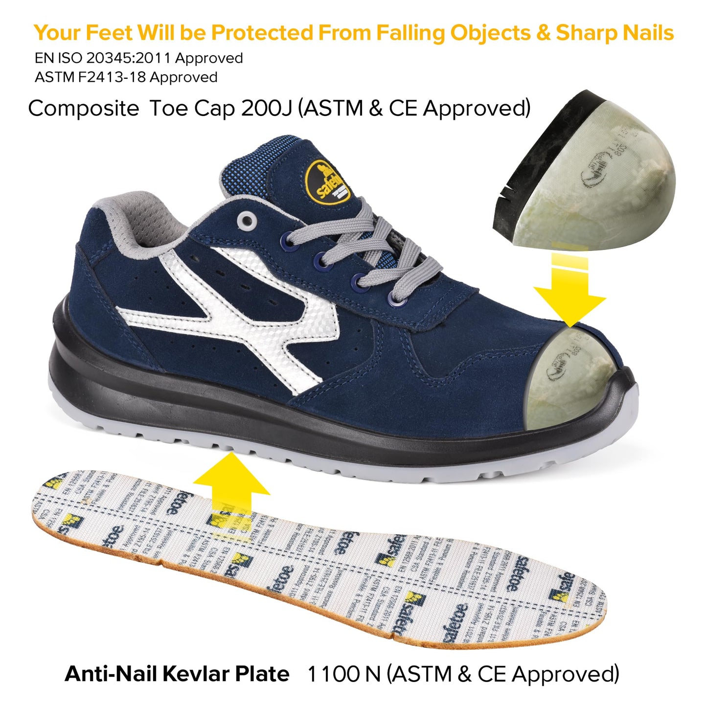 SAFETOE Safety Shoes for Men Composite Toe Work Shoes Lightweight Cow Leather Puncture Proof Slip On Work Boots Wide Fit