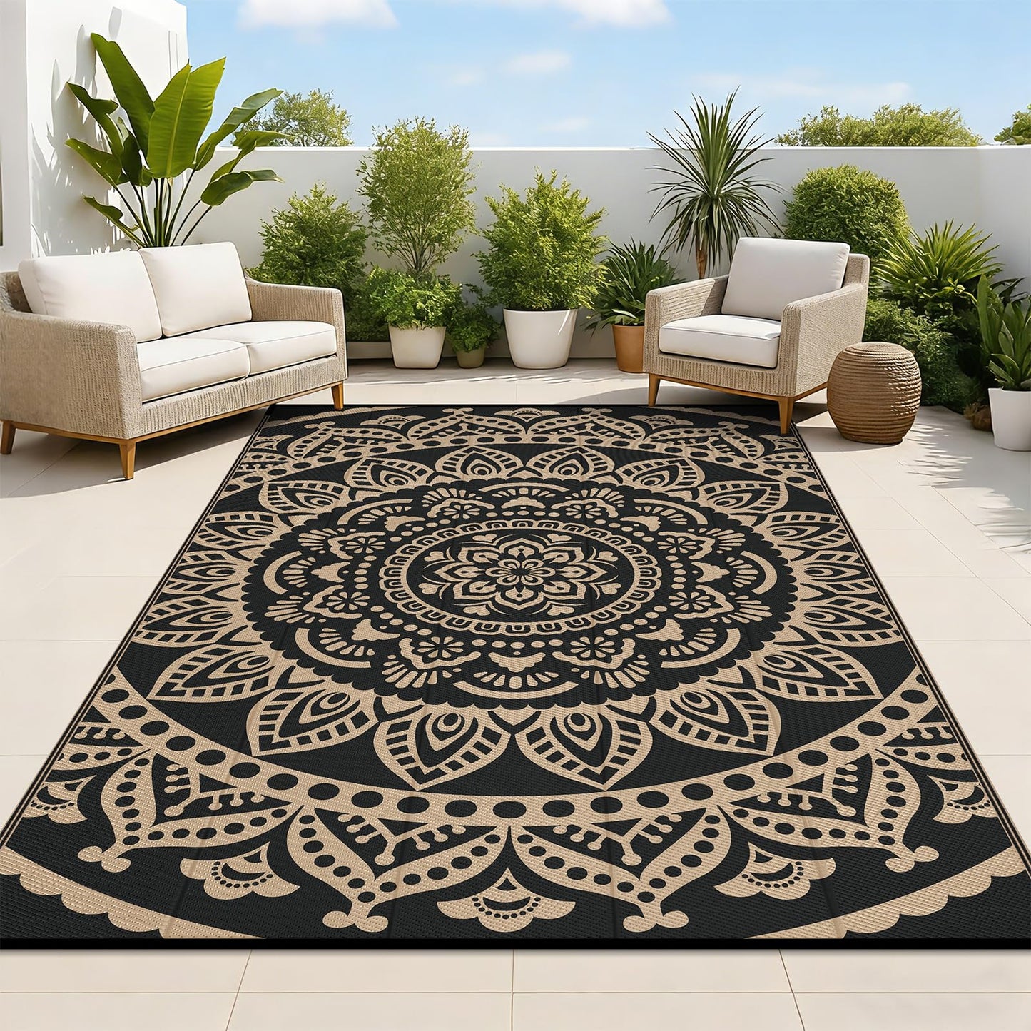 Bsmathom Waterproof Outdoor Rug 5'x8' Reversible Boho Plastic Straw Patio Deck Camping Rugs, Indoor Outdoor Portable RV Mat Clearance Carpet for Outside, Porch, Balcony, Backyard, Beach, Pool