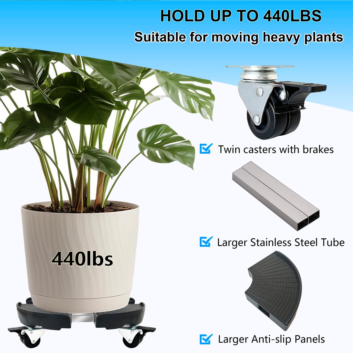 CASIMR Plant Stand with Wheels, Adjustable 15-21" Heavy Duty Plant Caddy with Casters, 440lb Capacity Indoor Outdoor Large Potted Planter Cart Dolly, 2 Pack Rolling Plant Stand for Flower Pot