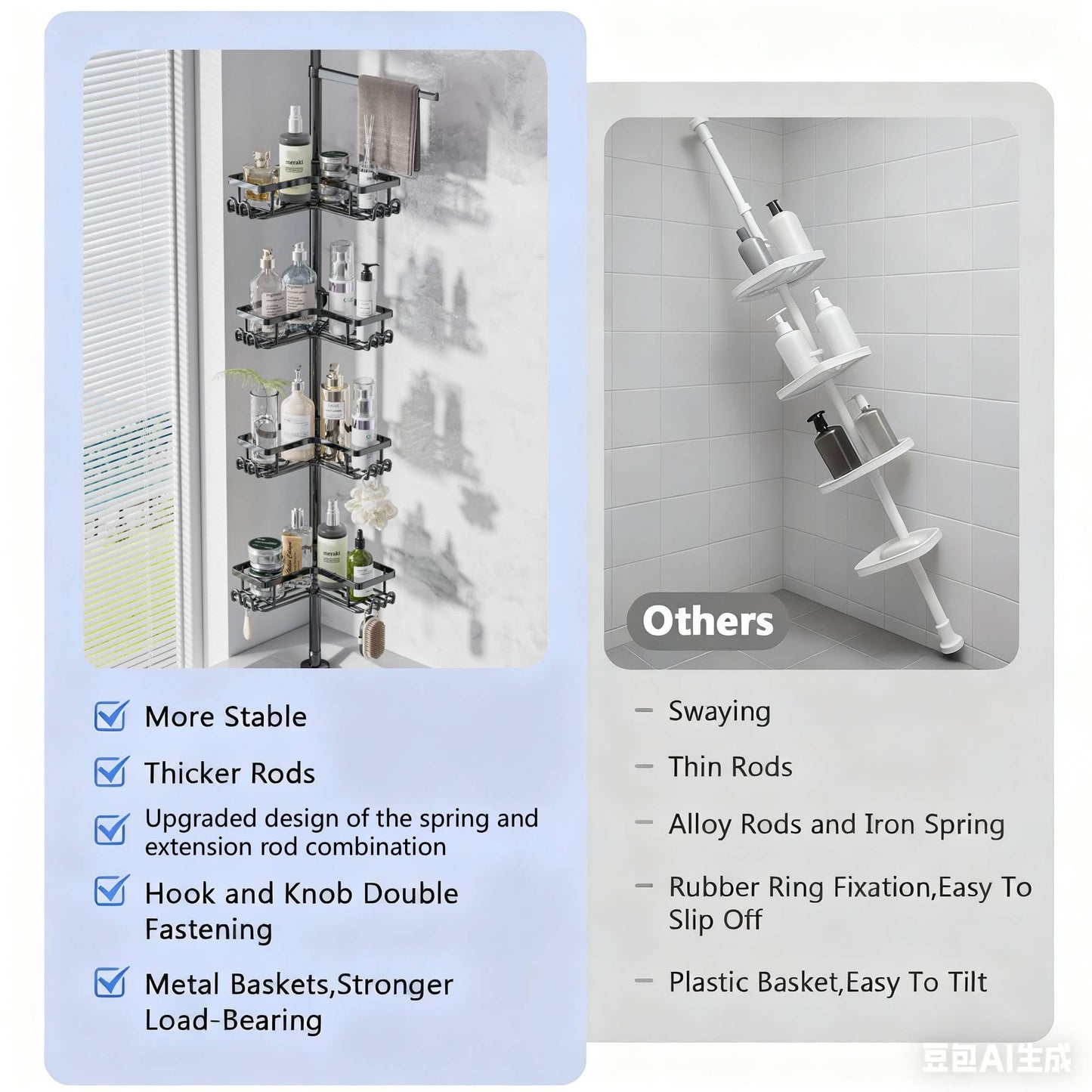 H Hawsam Shower Caddy Corner Tension Pole with 4 Tier Metals Baskets Rustproof Shower Shelves Corner Standing Large Bathroom Shower Storage Organizer Shelf Adjustable Height from 32 to 123 In