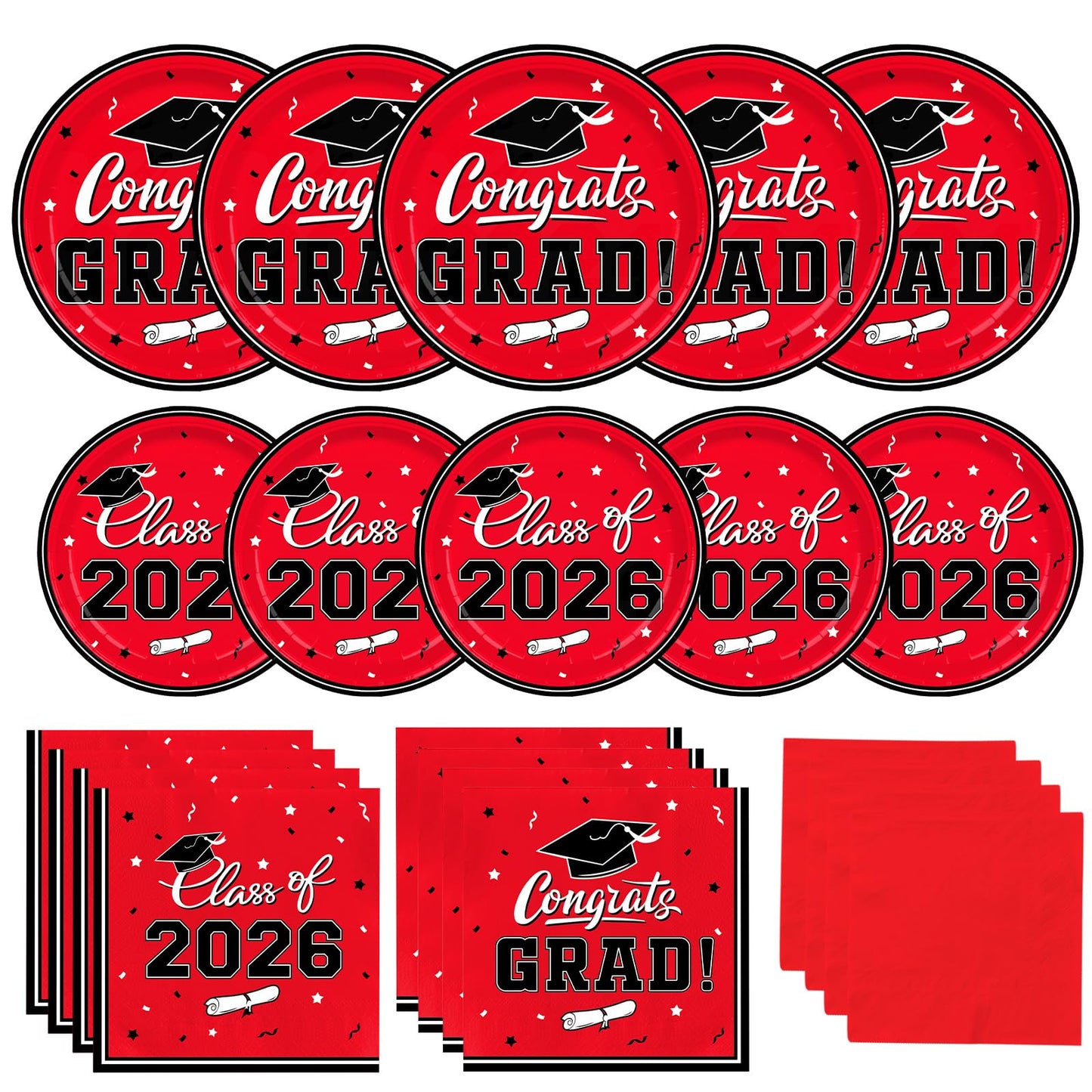 Gatherfun Graduation decorations 2026 Graduation Plates and Napkins Red Disposable Paper Plates Luncheon Napkins Cocktail Napkins for Congrats Grad Party Decorations, Serve 50