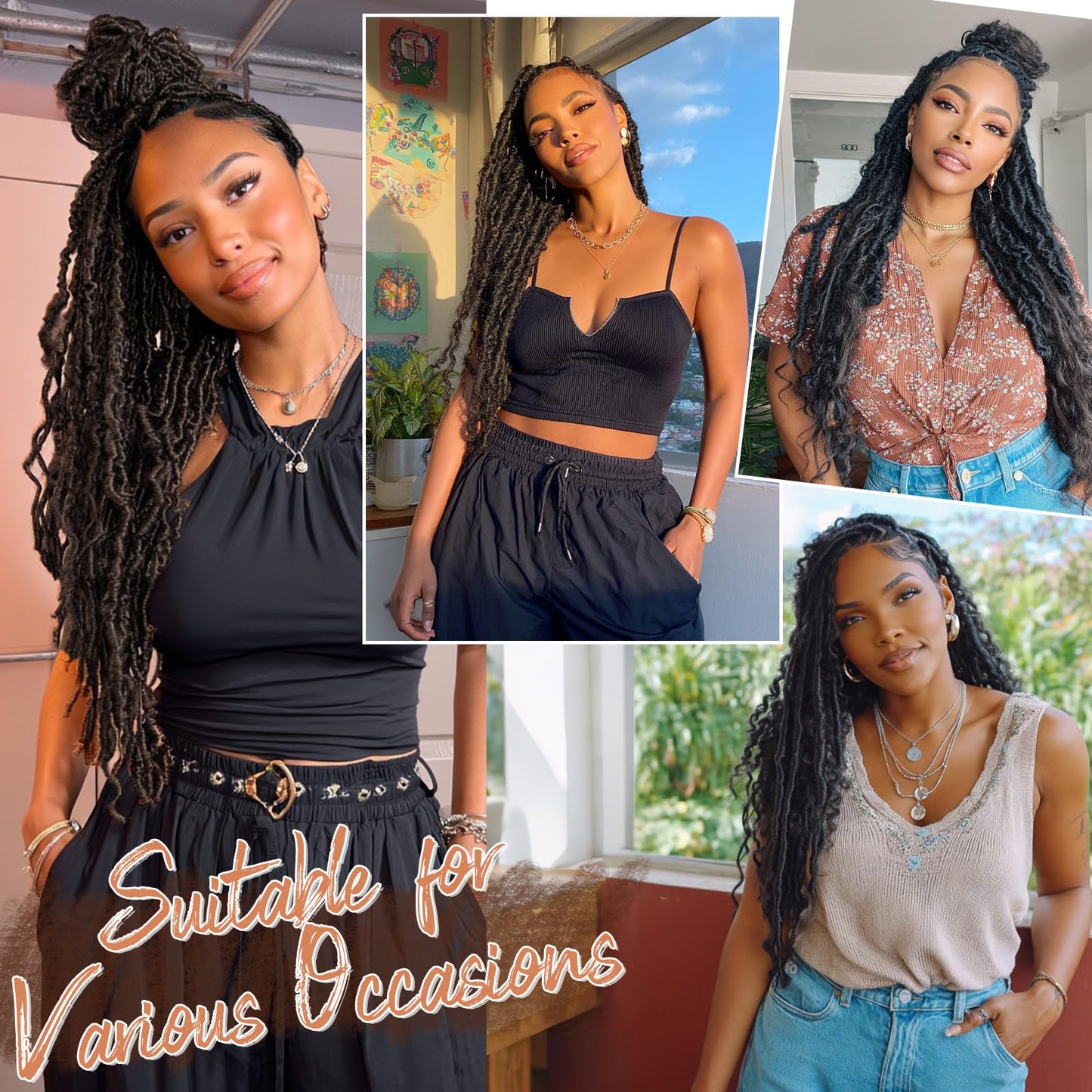 BARSDAR Deep Faux Locs Crochet Hair - Long Goddess Dreadlocks Wavy Crochet Hair for Black Women, 24 Inch 3 Packs Synthetic Soft Faux Locs with Curly Ends Crochets Dreads Pre Looped - Dark Brown