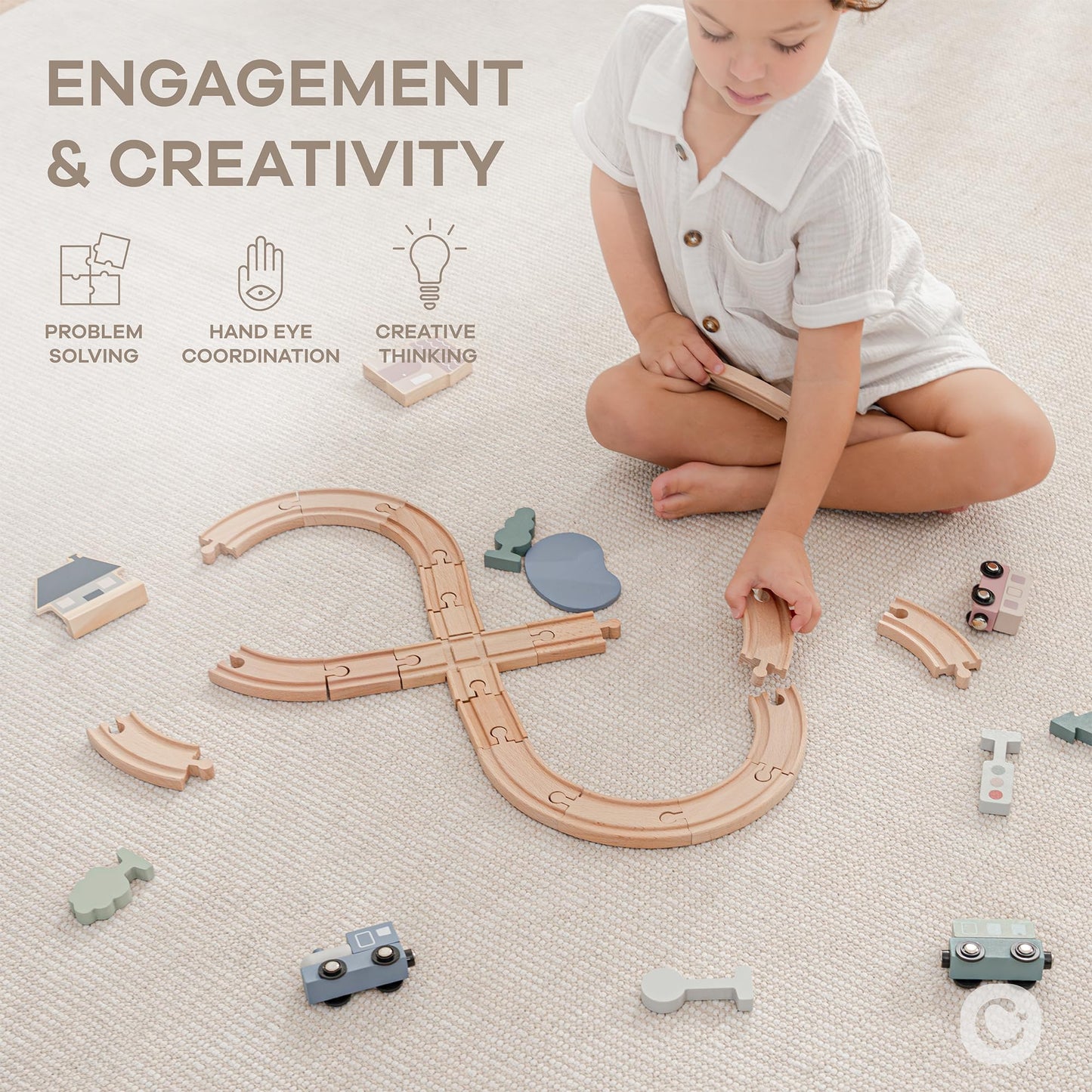 Comfy Cubs 30-Piece Wooden Train Set for Toddlers Ages 1+, Fun & Eco Friendly Toddler Train Set with Complete Toy Town - Creative Wooden Toys Promoting Imaginative Play with Flexible Configuration
