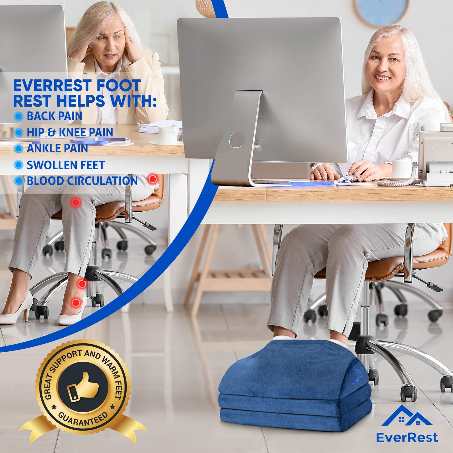 EverRest Under Desk Footrest for Office Use - Warmer Feet, 3 Adjustable Heights - Tall Ergonomic Foot Rest Stool for Gaming Chair, Computer - Leg Support for Work from Home